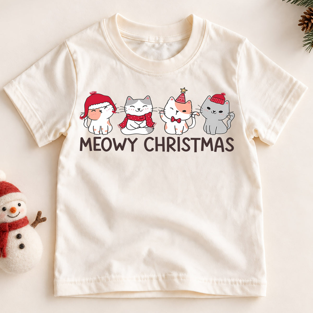 Meowy Christmas Kids Shirt, Cute Christmas Cat Tee, Santa Hat Kitty Holiday Outfit for Boys Girls, Funny Cat Lover Christmas Gift for Kids — product view 2