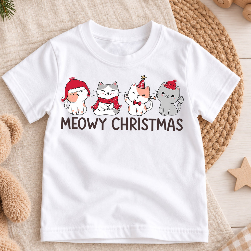 Meowy Christmas Kids Shirt, Cute Christmas Cat Tee, Santa Hat Kitty Holiday Outfit for Boys Girls, Funny Cat Lover Christmas Gift for Kids — product view 3