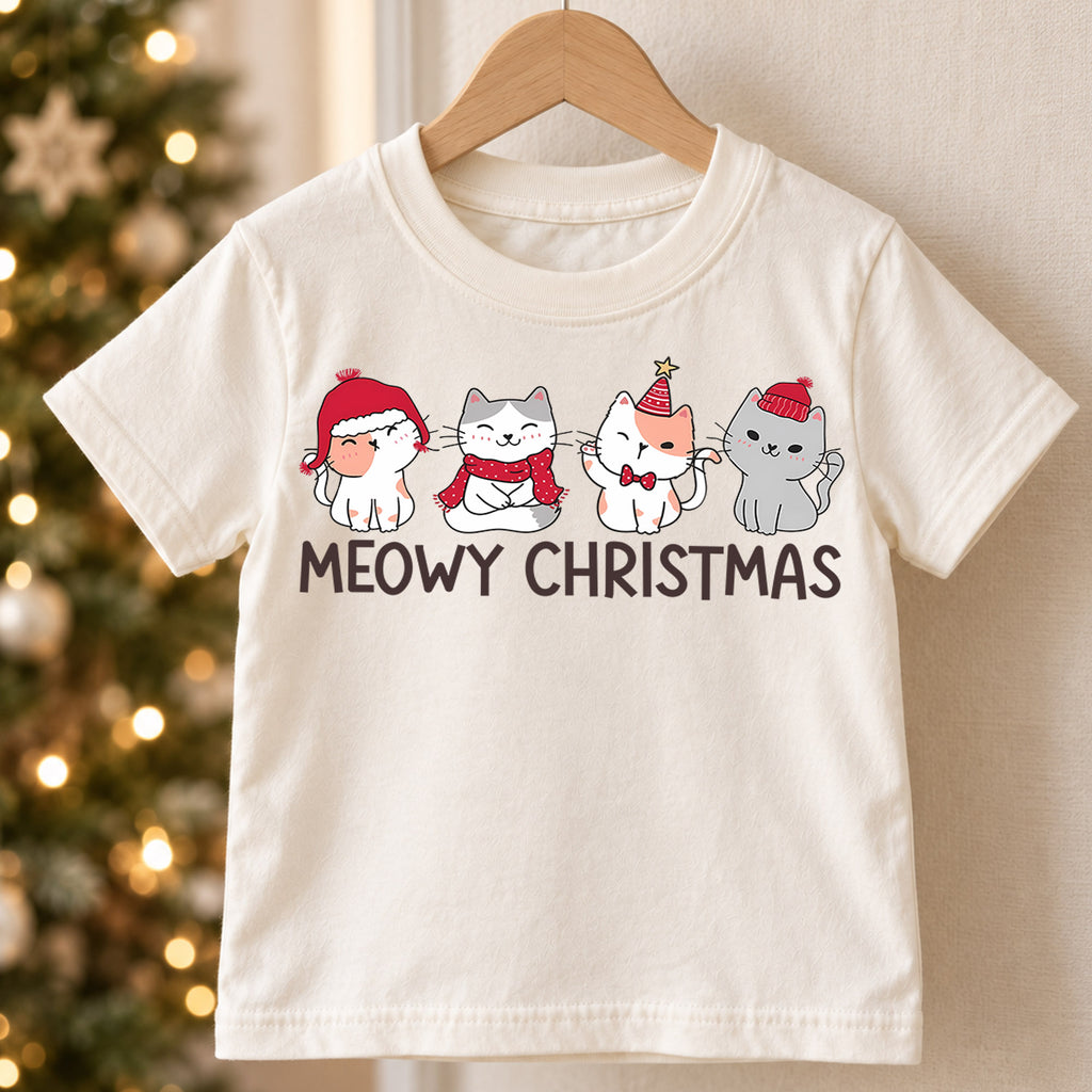 Meowy Christmas Kids Shirt, Cute Christmas Cat Tee, Santa Hat Kitty Holiday Outfit for Boys Girls, Funny Cat Lover Christmas Gift for Kids — product view 5