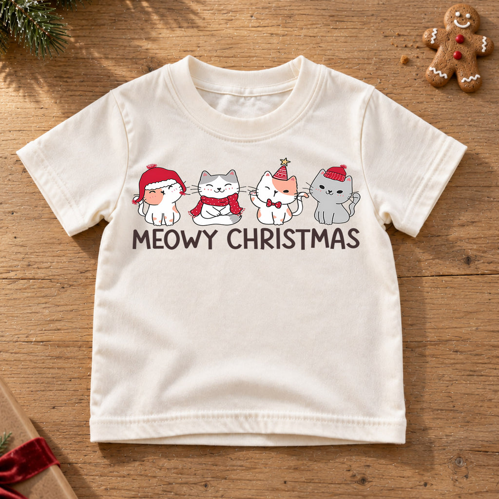 Meowy Christmas Kids Shirt, Cute Christmas Cat Tee, Santa Hat Kitty Holiday Outfit for Boys Girls, Funny Cat Lover Christmas Gift for Kids — product view 6