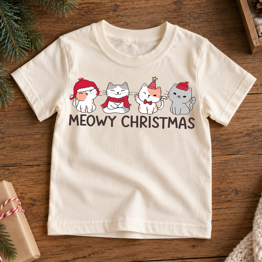 Meowy Christmas Kids Shirt, Cute Christmas Cat Tee, Santa Hat Kitty Holiday Outfit for Boys Girls, Funny Cat Lover Christmas Gift for Kids — product view 7