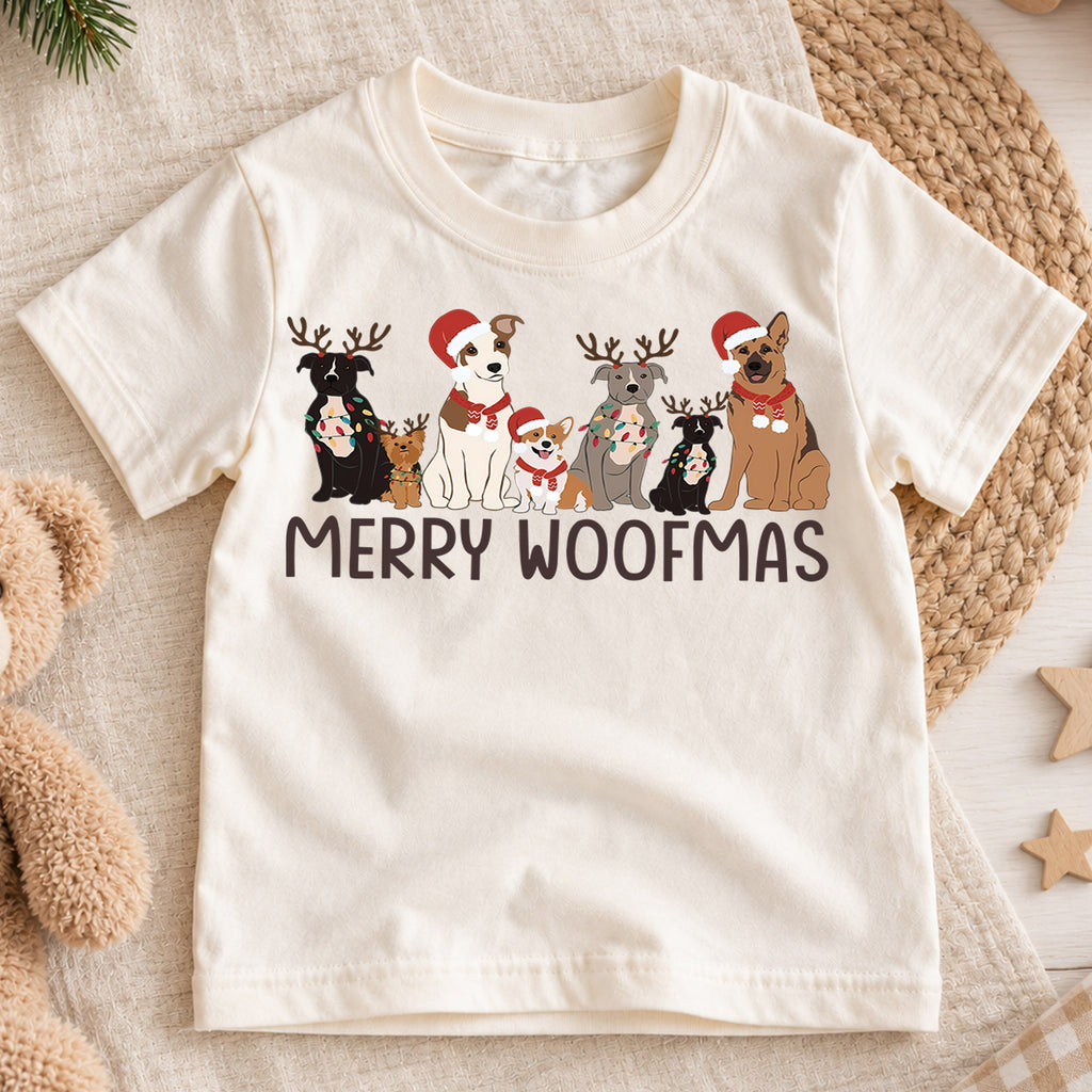 Merry Woofmas Kids Christmas Shirt, Christmas Dogs Holiday Tee, Cute Puppy Santa Hat Outfit for Boys Girls, Dog Lover Christmas Gift — product view 1