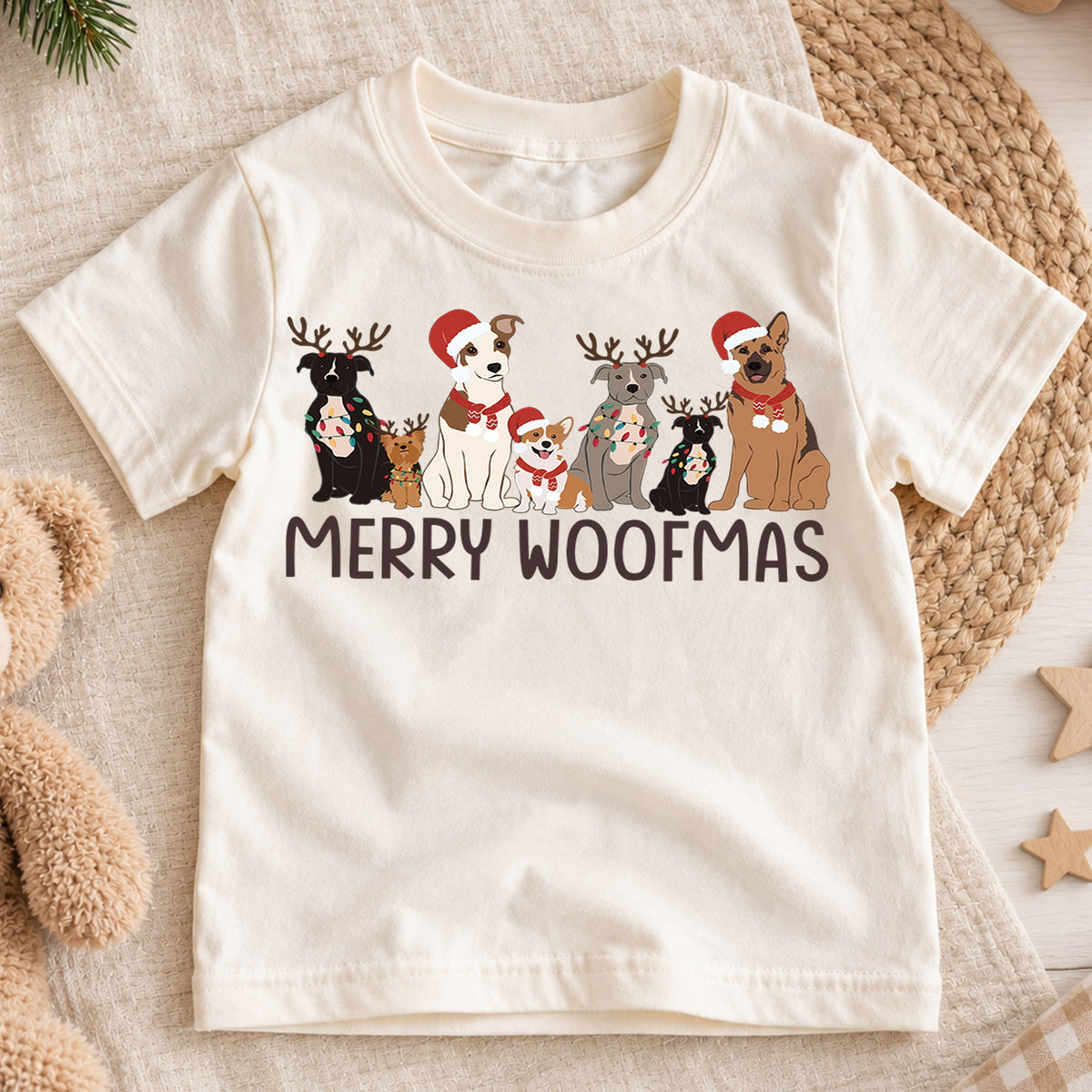 Merry Woofmas Kids Christmas Shirt, Christmas Dogs Holiday Tee, Cute Puppy Santa Hat Outfit for Boys Girls, Dog Lover Christmas Gift — product view 1