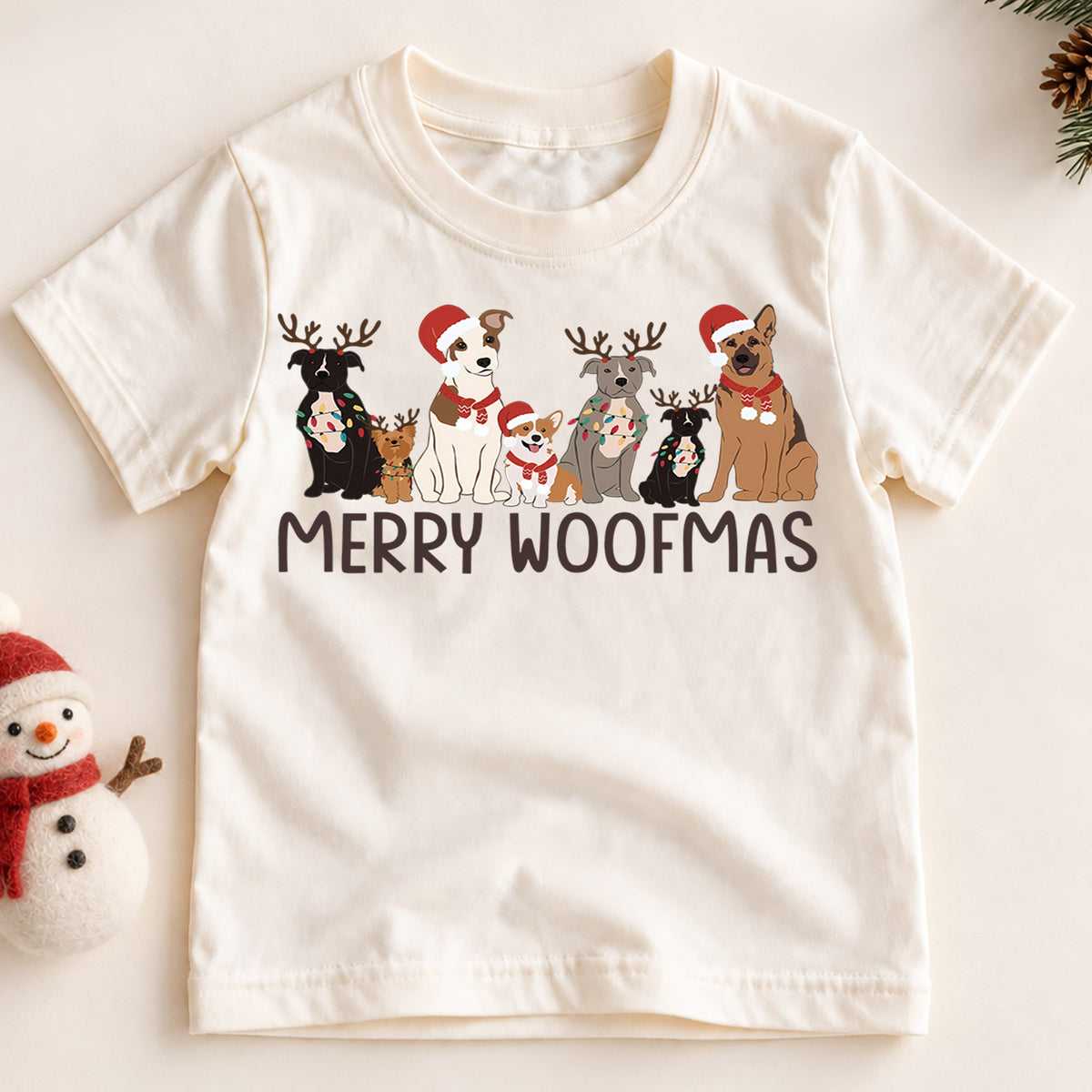 Merry Woofmas Kids Christmas Shirt, Christmas Dogs Holiday Tee, Cute Puppy Santa Hat Outfit for Boys Girls, Dog Lover Christmas Gift — product view 2