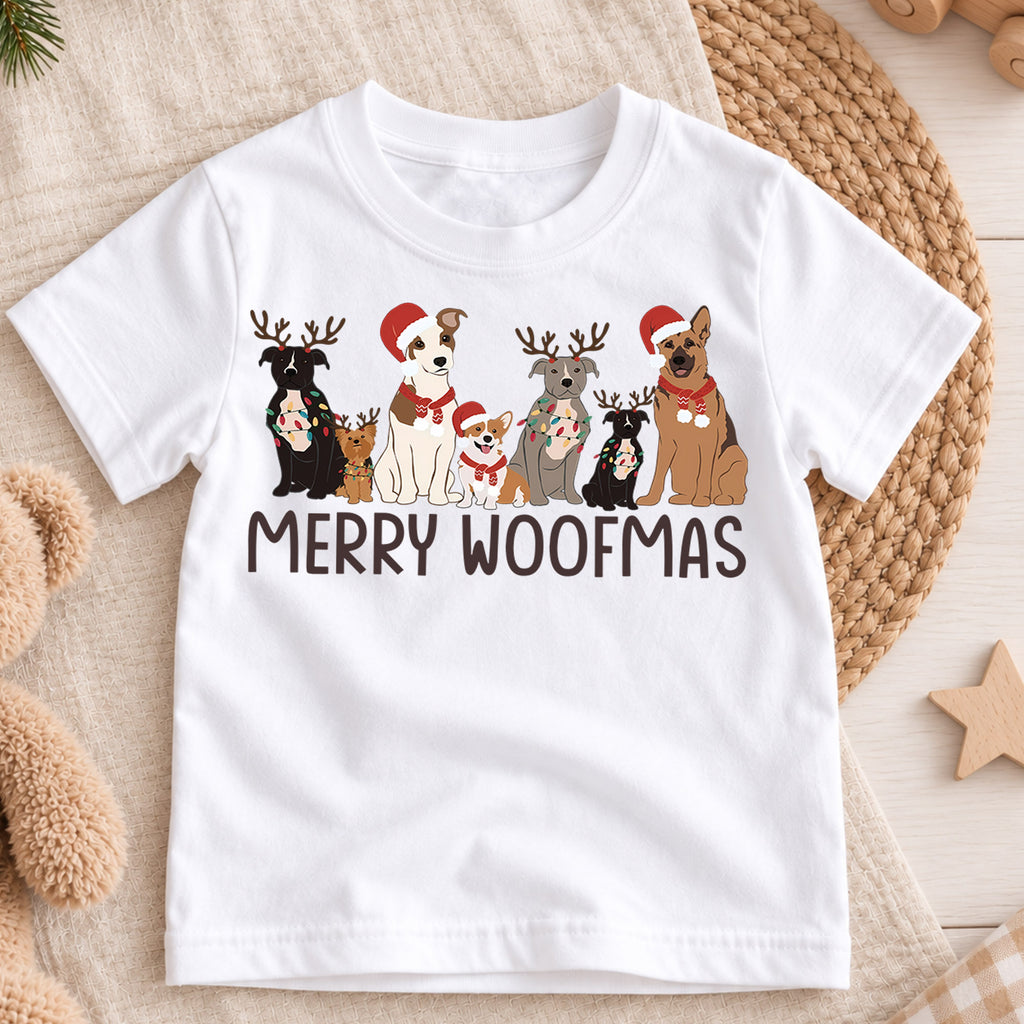 Merry Woofmas Kids Christmas Shirt, Christmas Dogs Holiday Tee, Cute Puppy Santa Hat Outfit for Boys Girls, Dog Lover Christmas Gift — product view 3