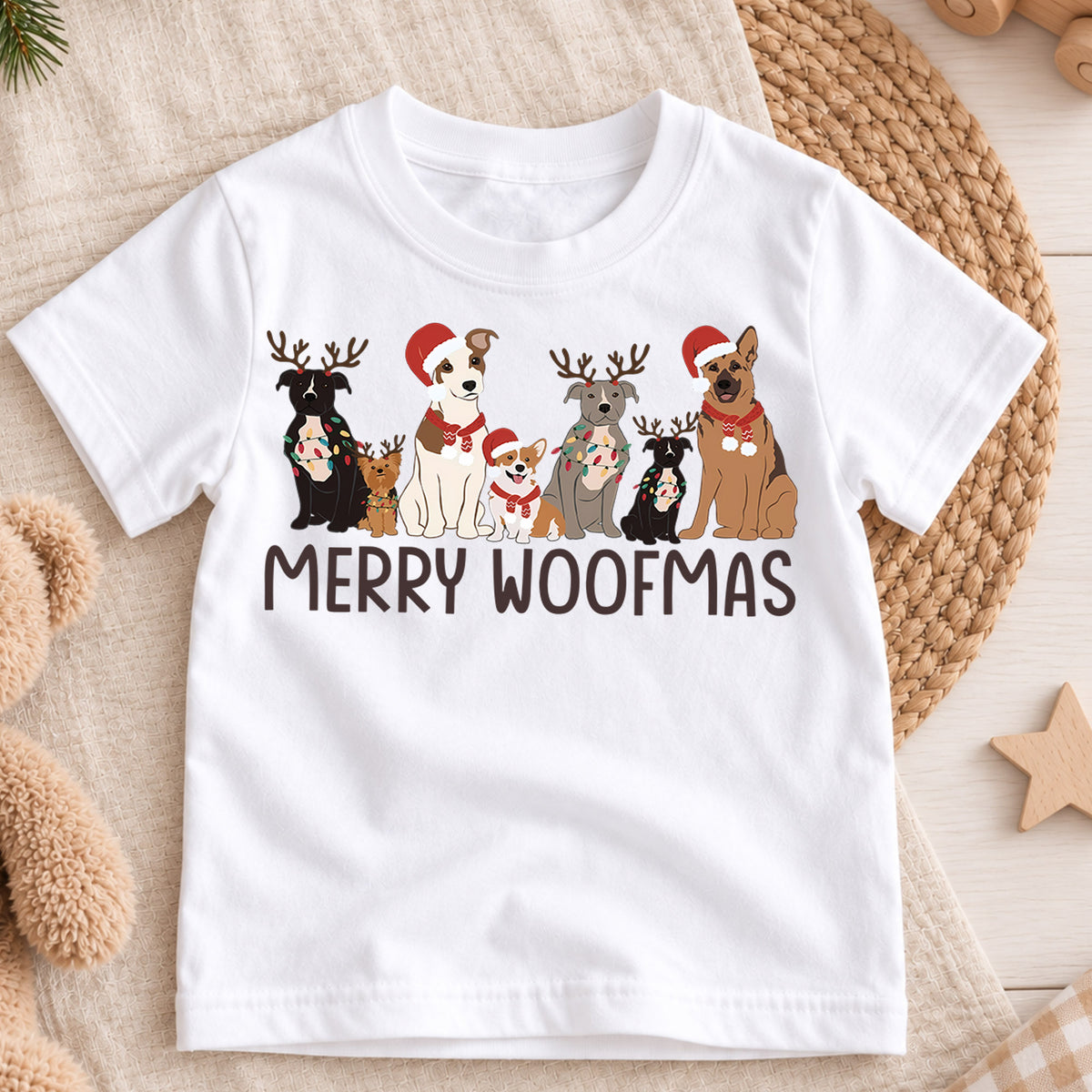 Merry Woofmas Kids Christmas Shirt, Christmas Dogs Holiday Tee, Cute Puppy Santa Hat Outfit for Boys Girls, Dog Lover Christmas Gift — product view 3