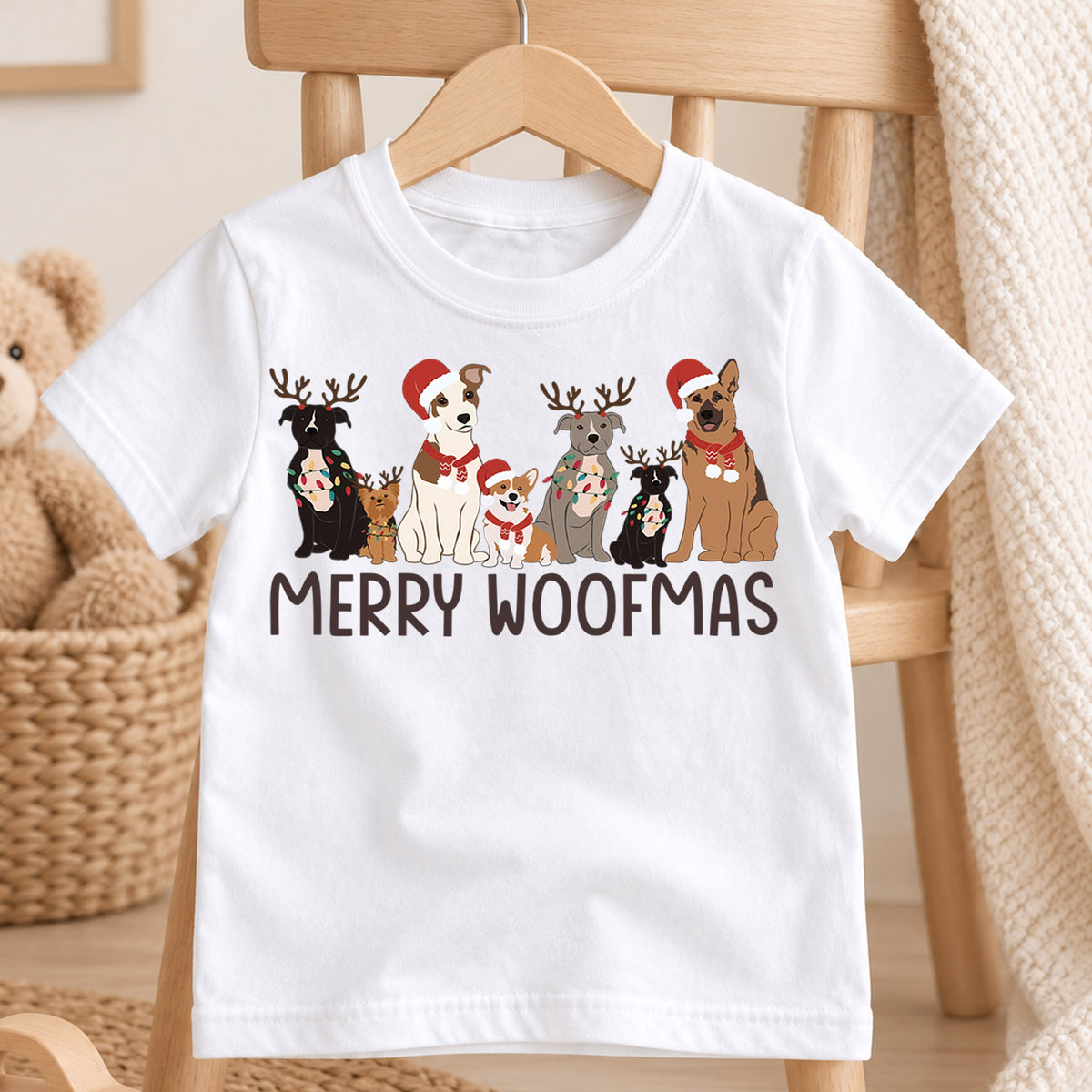 Merry Woofmas Kids Christmas Shirt, Christmas Dogs Holiday Tee, Cute Puppy Santa Hat Outfit for Boys Girls, Dog Lover Christmas Gift — product view 4