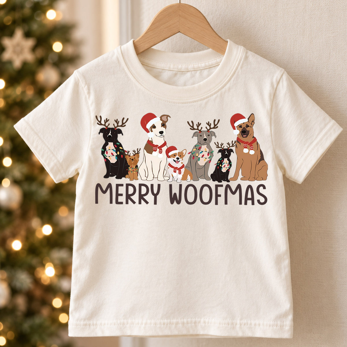 Merry Woofmas Kids Christmas Shirt, Christmas Dogs Holiday Tee, Cute Puppy Santa Hat Outfit for Boys Girls, Dog Lover Christmas Gift — product view 5