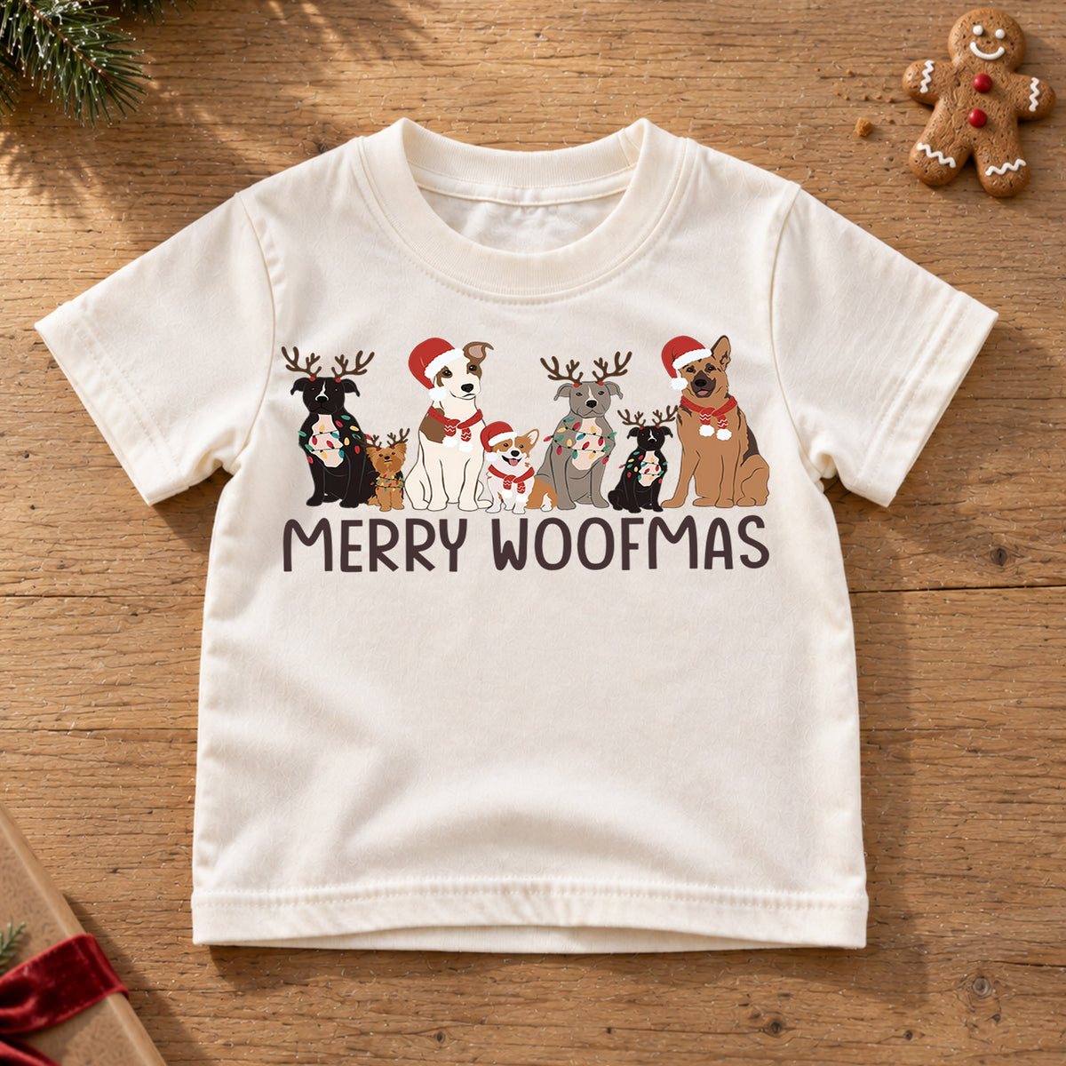 Merry Woofmas Kids Christmas Shirt, Christmas Dogs Holiday Tee, Cute Puppy Santa Hat Outfit for Boys Girls, Dog Lover Christmas Gift — product view 6