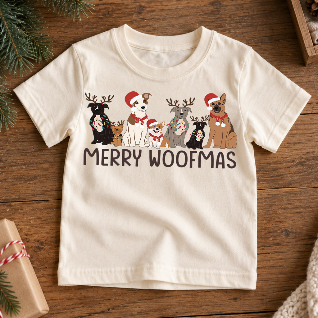 Merry Woofmas Kids Christmas Shirt, Christmas Dogs Holiday Tee, Cute Puppy Santa Hat Outfit for Boys Girls, Dog Lover Christmas Gift — product view 7
