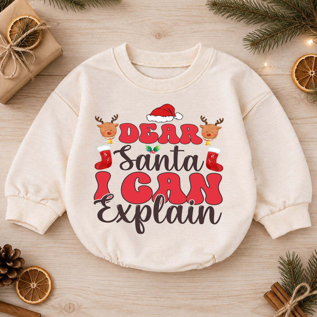 Funny Christmas Baby Romper, Dear Santa I Can Explain Holiday Outfit, Cute Santa Romper for Toddler, Baby Christmas Gift — product view 1