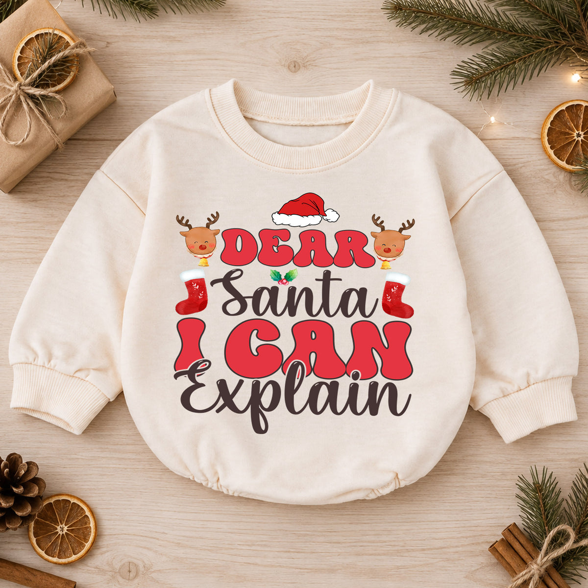 Funny Christmas Baby Romper, Dear Santa I Can Explain Holiday Outfit, Cute Santa Romper for Toddler, Baby Christmas Gift — product view 1