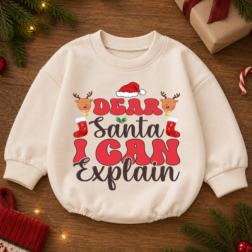 Funny Christmas Baby Romper, Dear Santa I Can Explain Holiday Outfit, Cute Santa Romper for Toddler, Baby Christmas Gift — product view 2