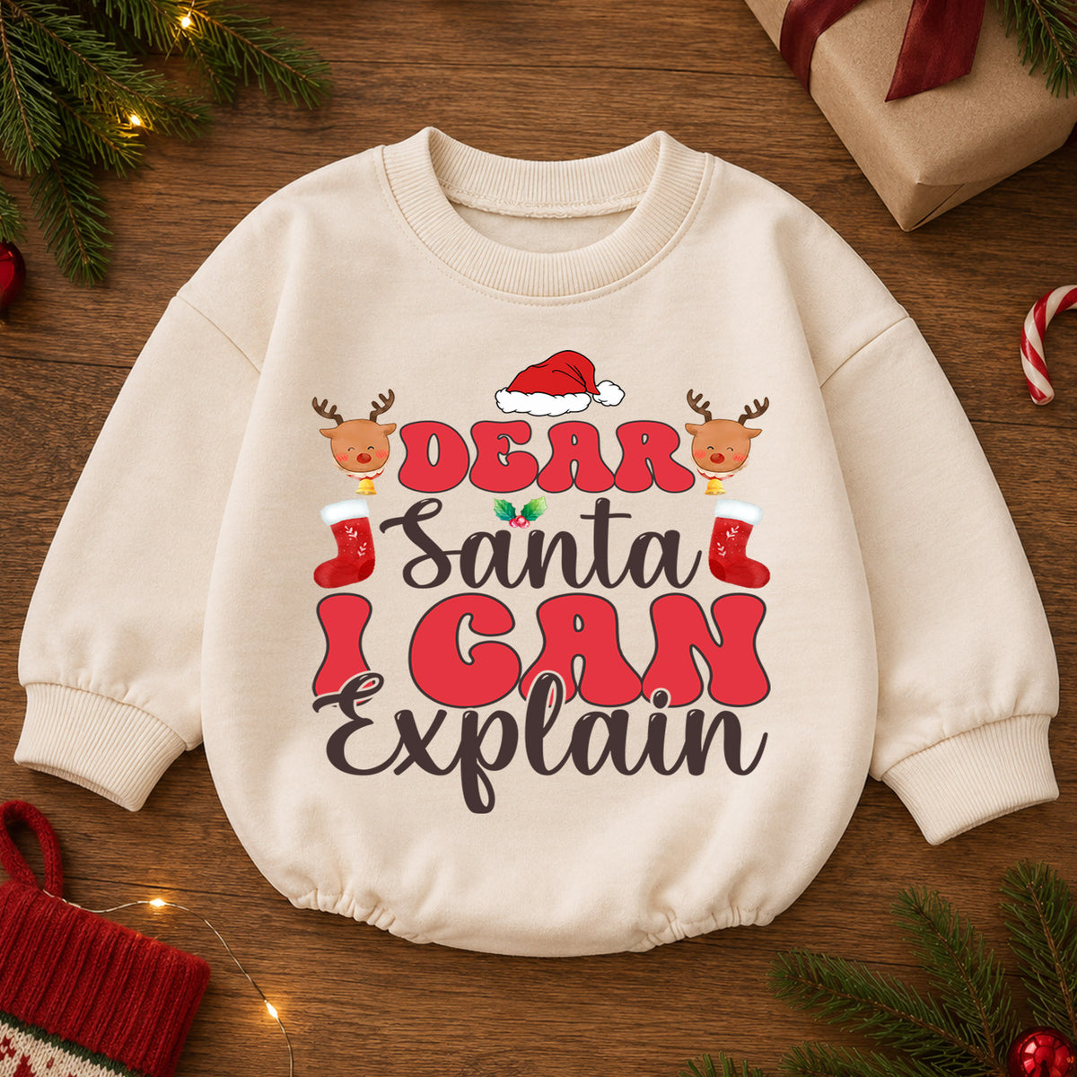 Funny Christmas Baby Romper, Dear Santa I Can Explain Holiday Outfit, Cute Santa Romper for Toddler, Baby Christmas Gift — product view 2
