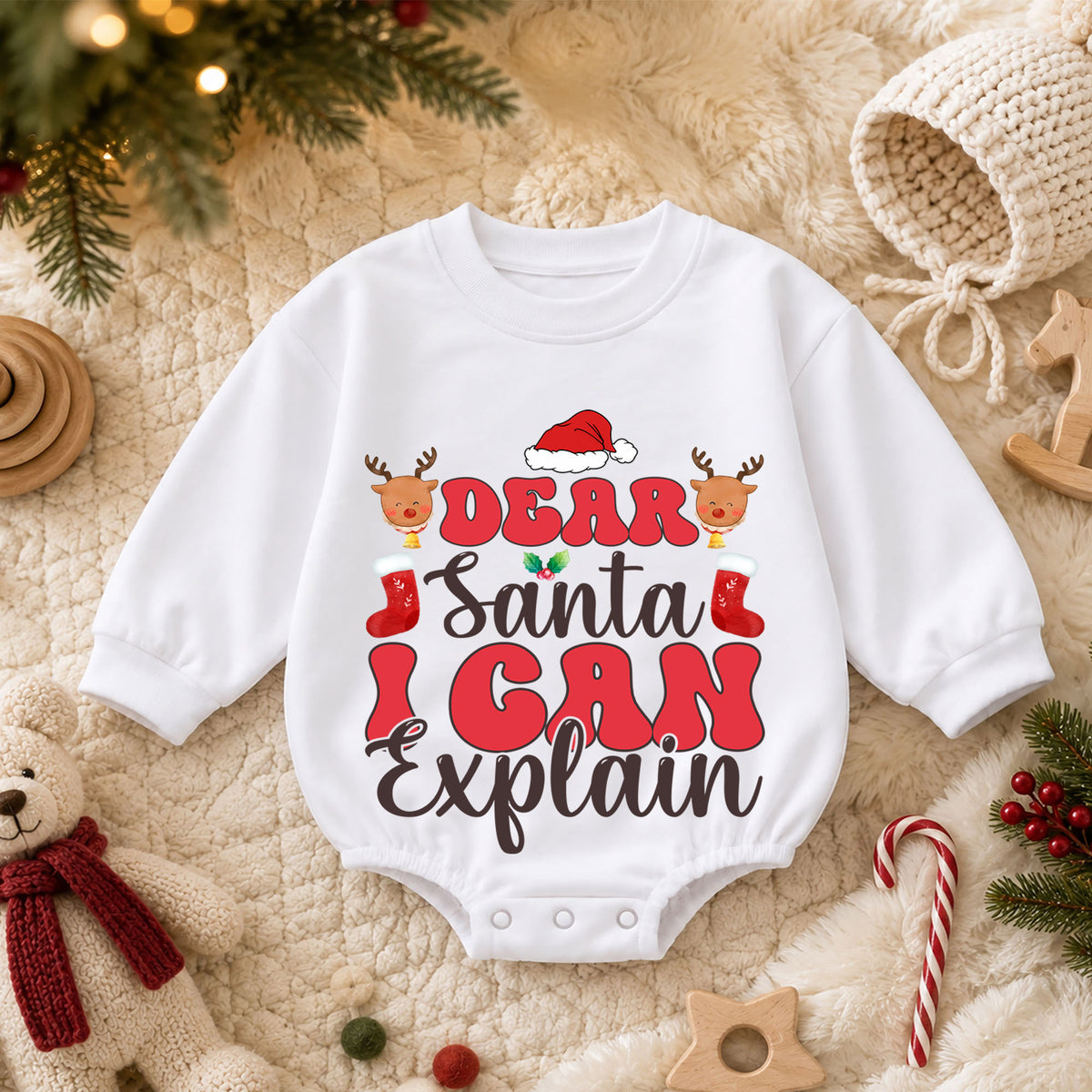 Funny Christmas Baby Romper, Dear Santa I Can Explain Holiday Outfit, Cute Santa Romper for Toddler, Baby Christmas Gift — product view 3