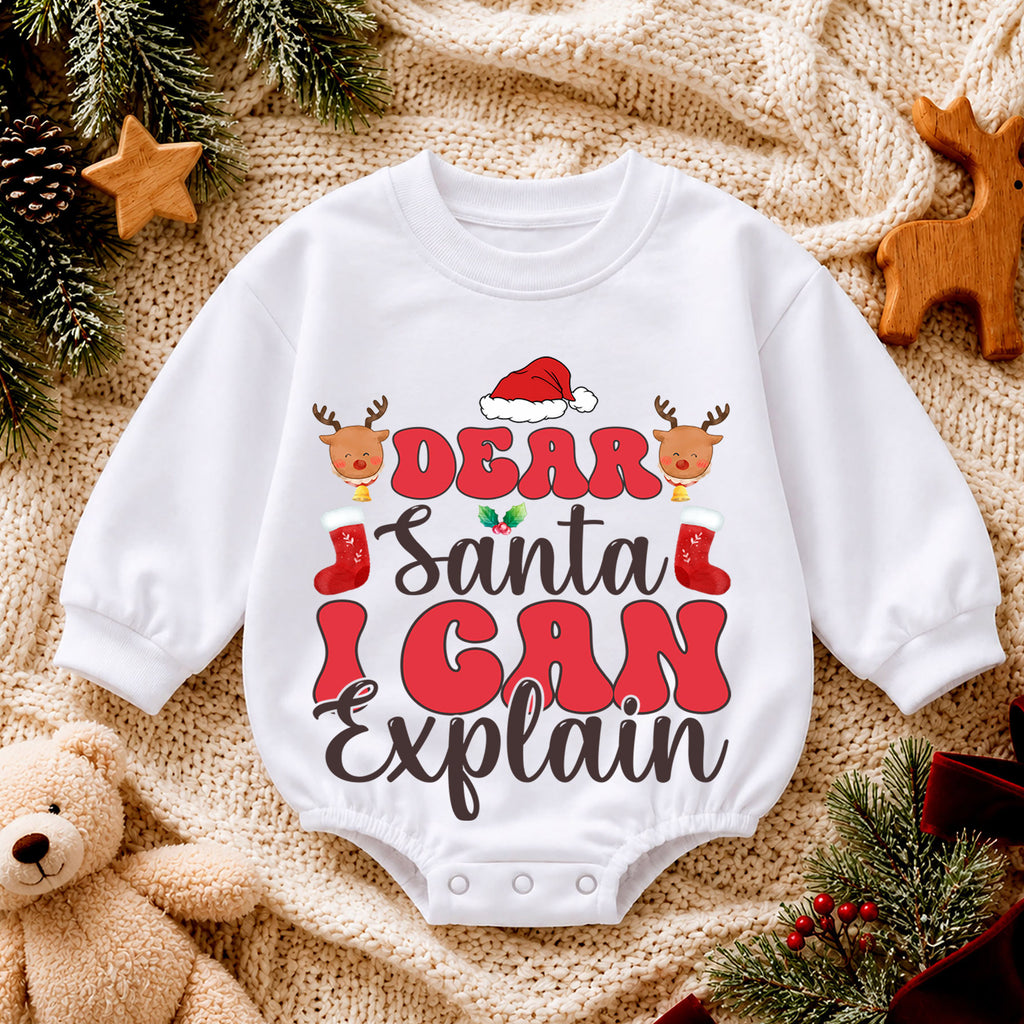 Funny Christmas Baby Romper, Dear Santa I Can Explain Holiday Outfit, Cute Santa Romper for Toddler, Baby Christmas Gift — product view 4