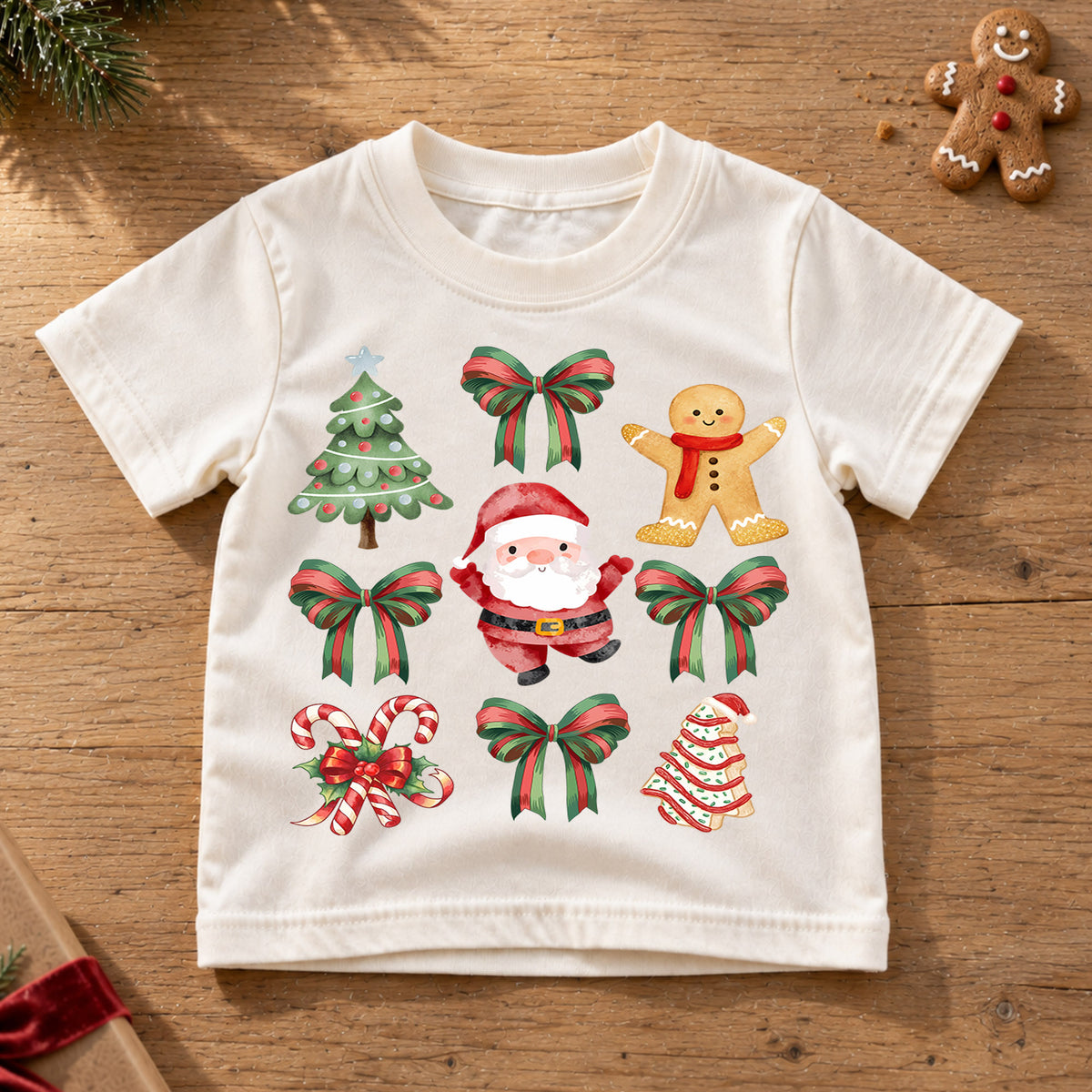 Vintage Christmas Stamp Kids Shirt, Gingerbread Ornament Holiday Tee, Retro Postage Christmas Outfit for Boys Girls, Cute Xmas Gift — product view 6