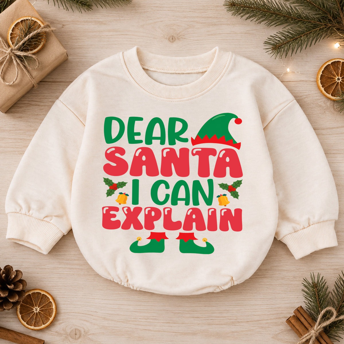 Elf Christmas Baby Romper, Dear Santa I Can Explain Holiday Outfit, Funny Toddler Romper, Cute Baby Christmas Xmas Gift — product view 1
