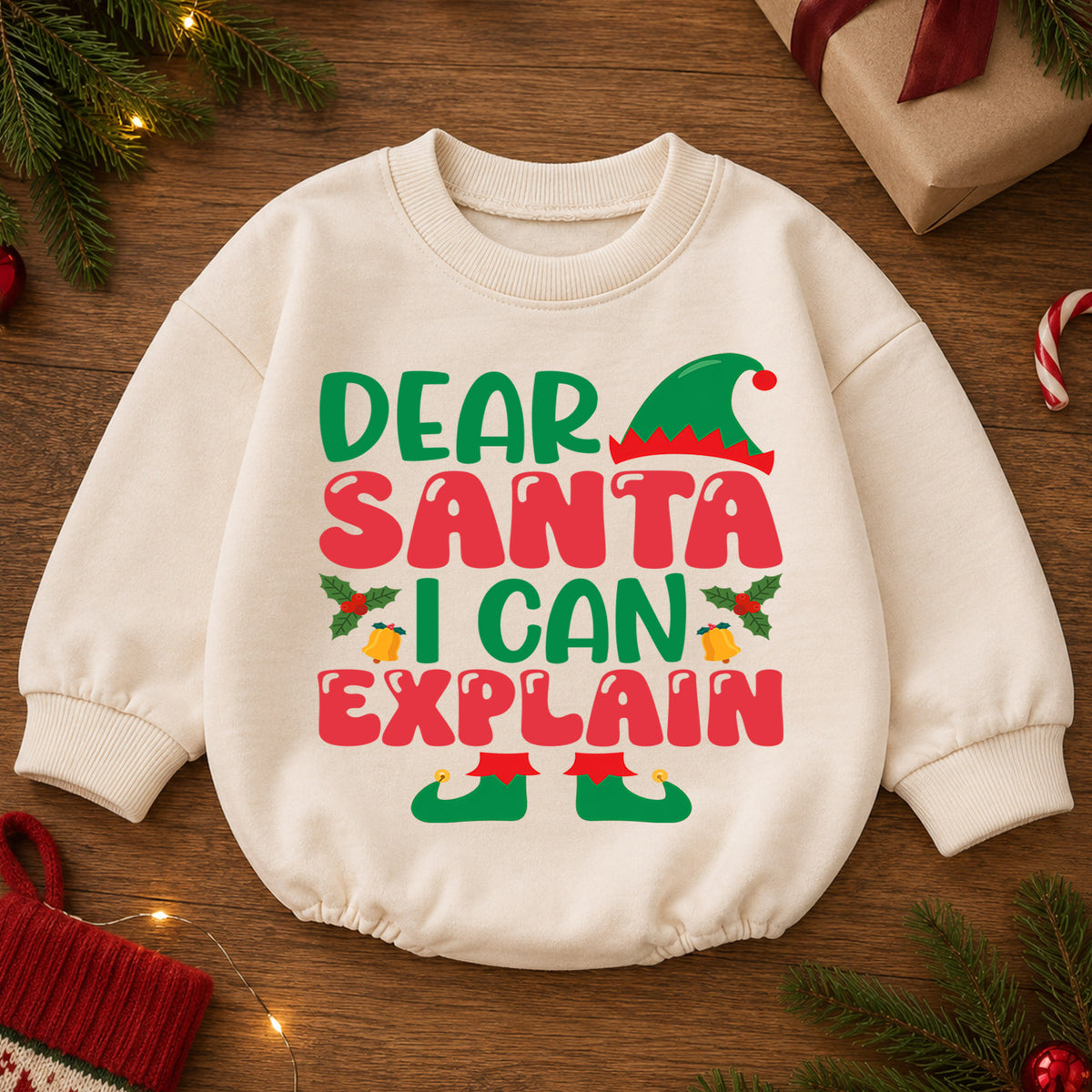 Elf Christmas Baby Romper, Dear Santa I Can Explain Holiday Outfit, Funny Toddler Romper, Cute Baby Christmas Xmas Gift — product view 2