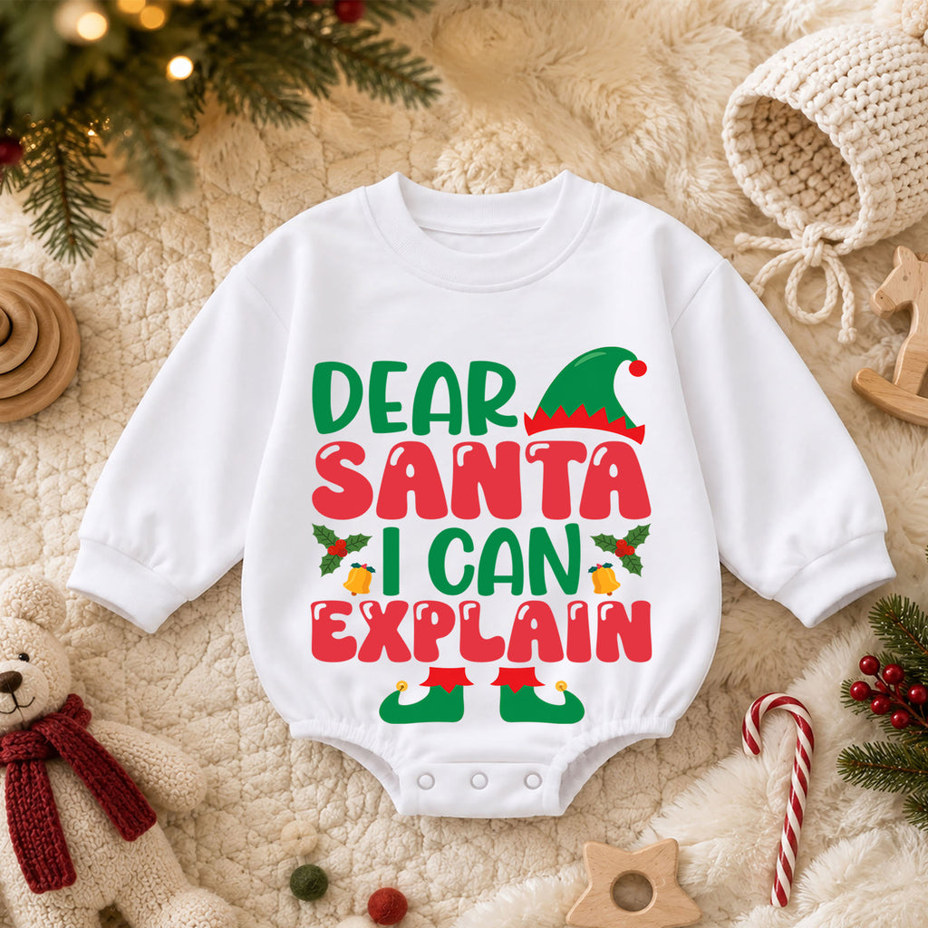 Elf Christmas Baby Romper, Dear Santa I Can Explain Holiday Outfit, Funny Toddler Romper, Cute Baby Christmas Xmas Gift — product view 3