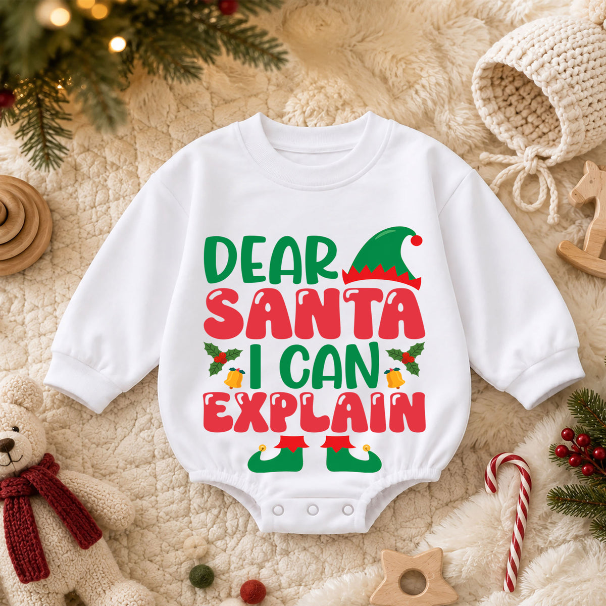 Elf Christmas Baby Romper, Dear Santa I Can Explain Holiday Outfit, Funny Toddler Romper, Cute Baby Christmas Xmas Gift — product view 3