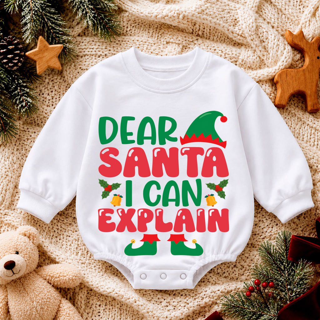 Elf Christmas Baby Romper, Dear Santa I Can Explain Holiday Outfit, Funny Toddler Romper, Cute Baby Christmas Xmas Gift — product view 4