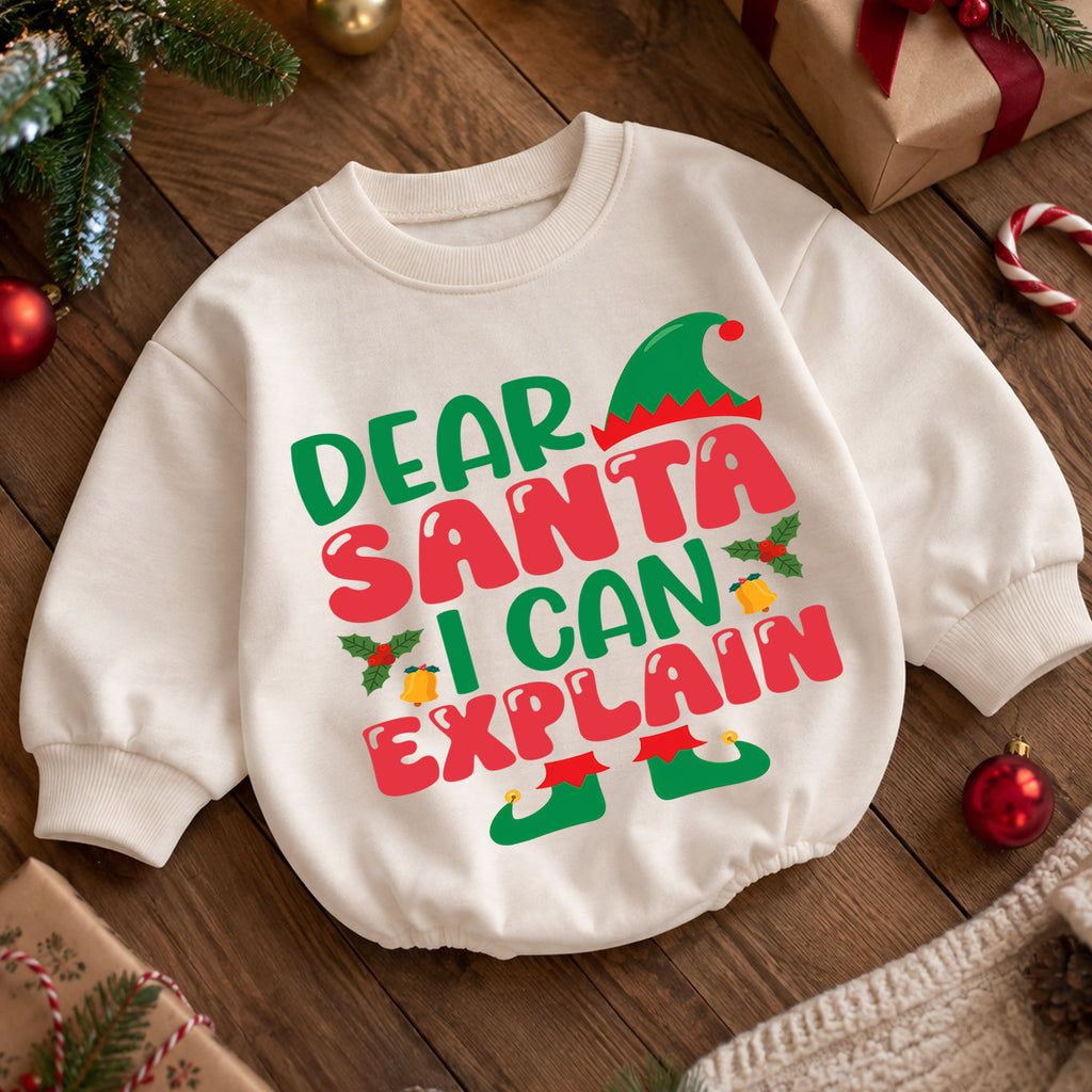 Elf Christmas Baby Romper, Dear Santa I Can Explain Holiday Outfit, Funny Toddler Romper, Cute Baby Christmas Xmas Gift — product view 5