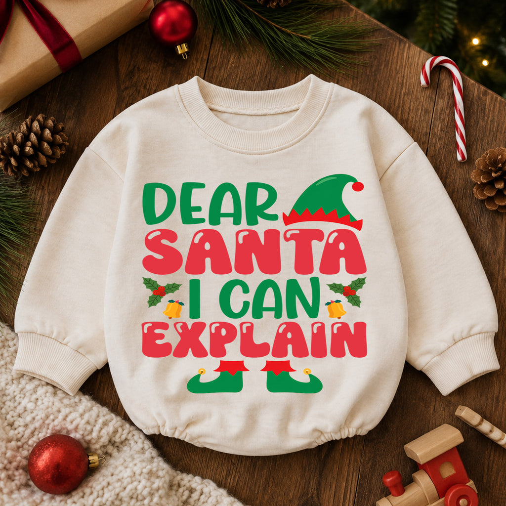 Elf Christmas Baby Romper, Dear Santa I Can Explain Holiday Outfit, Funny Toddler Romper, Cute Baby Christmas Xmas Gift — product view 6