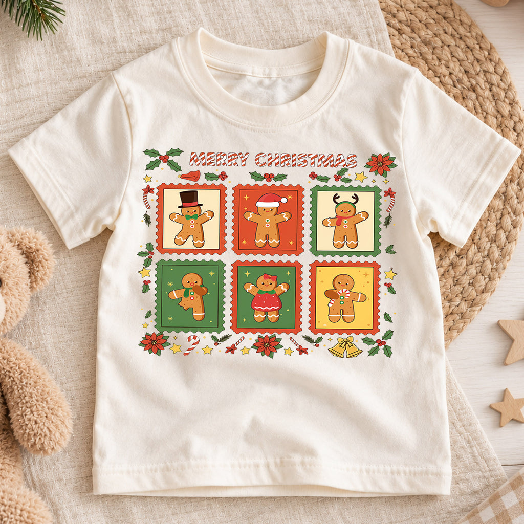 Gingerbread Man Stamp Christmas Shirt, Toddler Holiday Tee, Cute Cookie Xmas Outfit, Festive Winter Kids Top, Gift For Children Kids Tee — product view 1