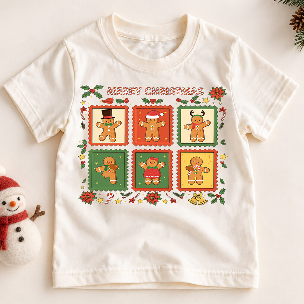 Gingerbread Man Stamp Christmas Shirt, Toddler Holiday Tee, Cute Cookie Xmas Outfit, Festive Winter Kids Top, Gift For Children Kids Tee — product view 2