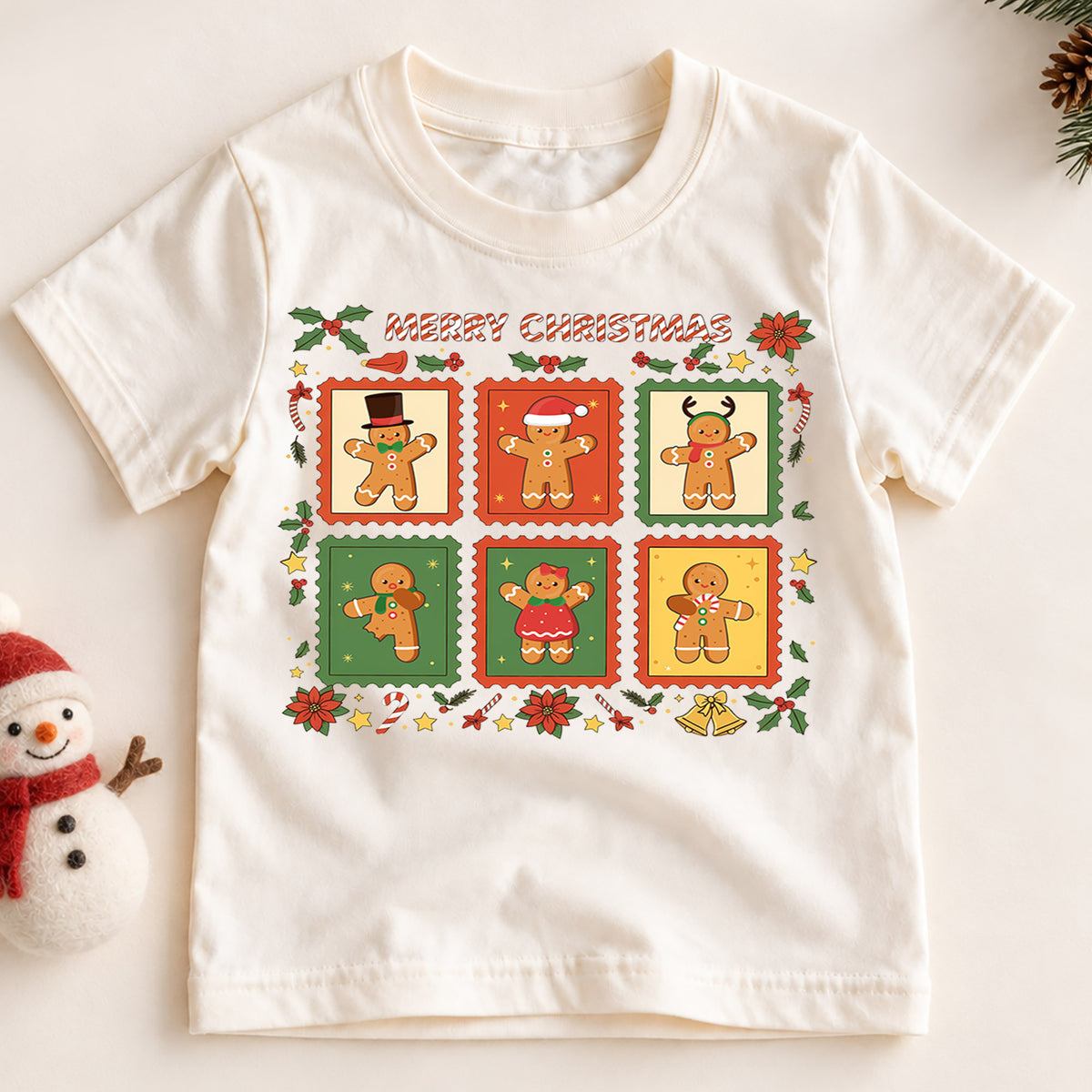 Gingerbread Man Stamp Christmas Shirt, Toddler Holiday Tee, Cute Cookie Xmas Outfit, Festive Winter Kids Top, Gift For Children Kids Tee — product view 2