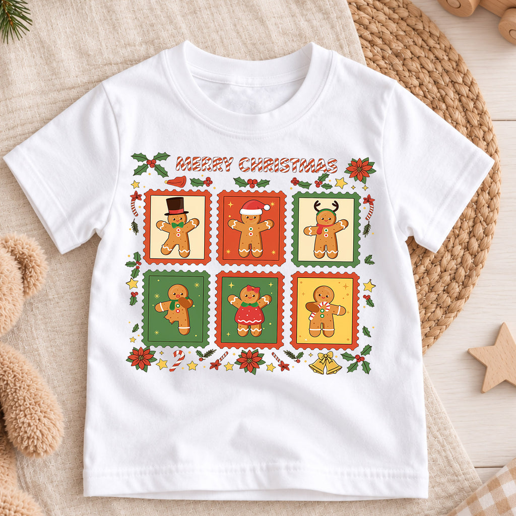 Gingerbread Man Stamp Christmas Shirt, Toddler Holiday Tee, Cute Cookie Xmas Outfit, Festive Winter Kids Top, Gift For Children Kids Tee — product view 3