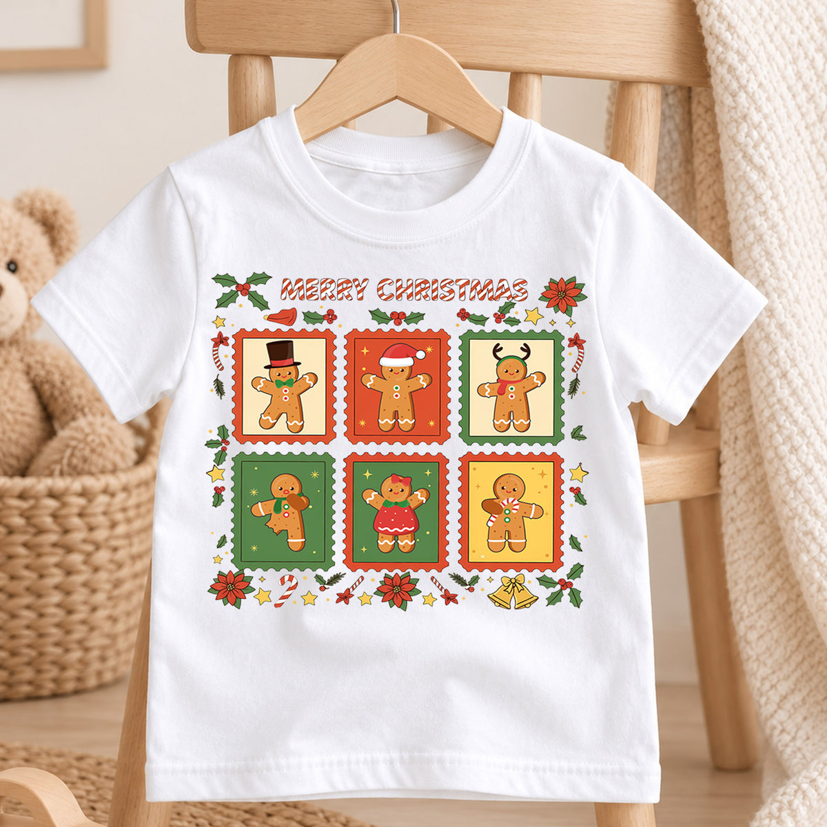 Gingerbread Man Stamp Christmas Shirt, Toddler Holiday Tee, Cute Cookie Xmas Outfit, Festive Winter Kids Top, Gift For Children Kids Tee — product view 4