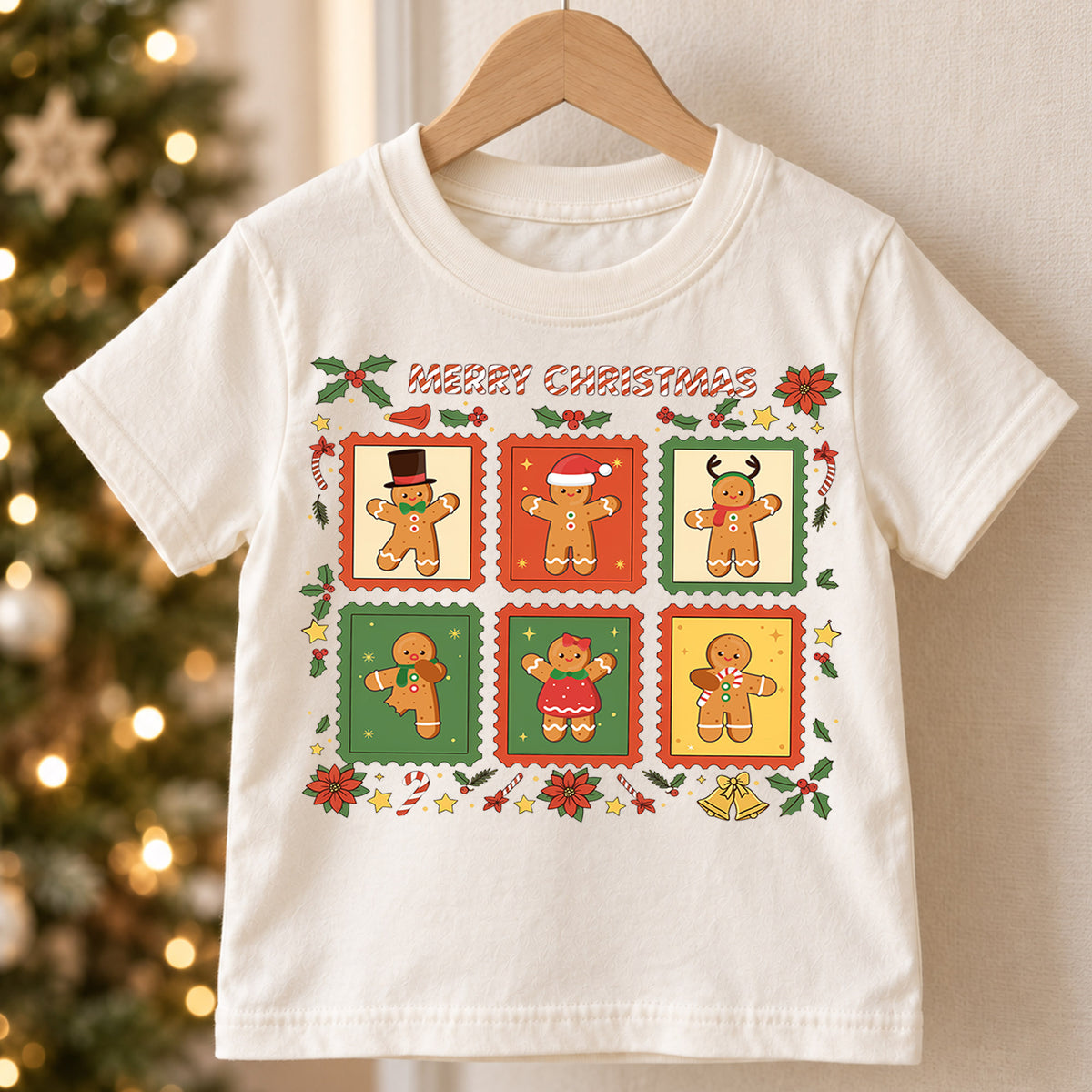 Gingerbread Man Stamp Christmas Shirt, Toddler Holiday Tee, Cute Cookie Xmas Outfit, Festive Winter Kids Top, Gift For Children Kids Tee — product view 5