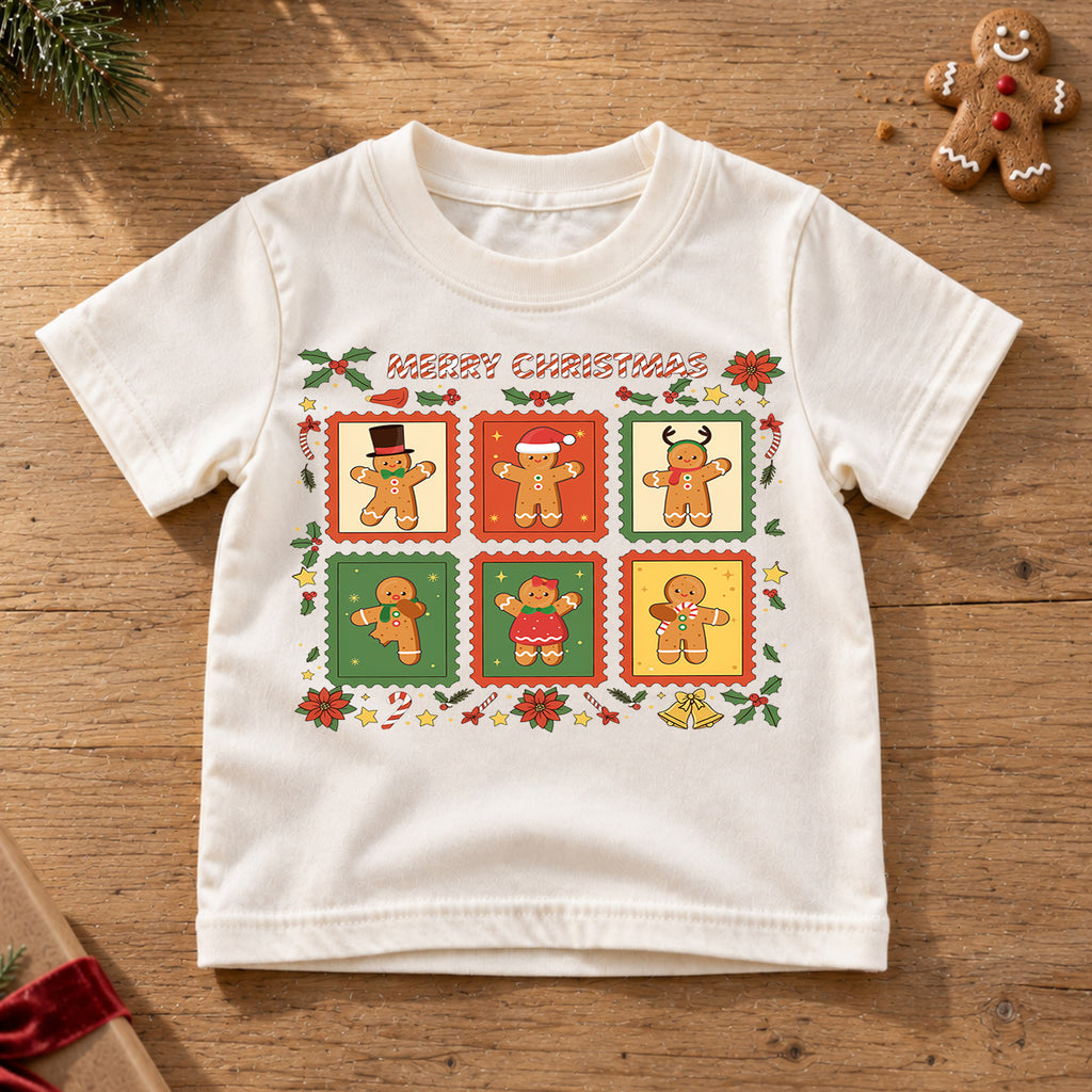 Gingerbread Man Stamp Christmas Shirt, Toddler Holiday Tee, Cute Cookie Xmas Outfit, Festive Winter Kids Top, Gift For Children Kids Tee — product view 6