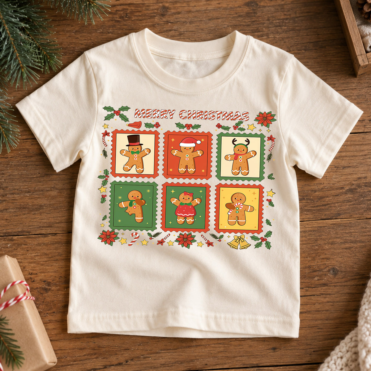 Gingerbread Man Stamp Christmas Shirt, Toddler Holiday Tee, Cute Cookie Xmas Outfit, Festive Winter Kids Top, Gift For Children Kids Tee — product view 7