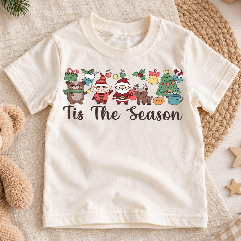 Tis The Season Christmas Shirt, Cute Holiday Characters Tee, Santa Elf Reindeer Kids Outfit, Festive Winter Top, Gift For Kids Kids Tee — product view 1
