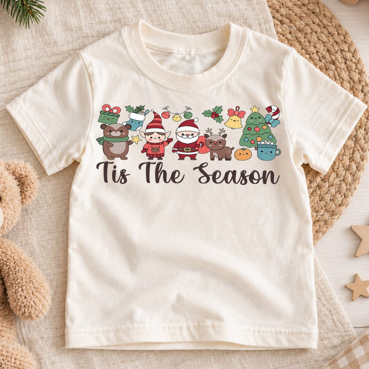 Tis The Season Christmas Shirt, Cute Holiday Characters Tee, Santa Elf Reindeer Kids Outfit, Festive Winter Top, Gift For Kids Kids Tee — product view 1