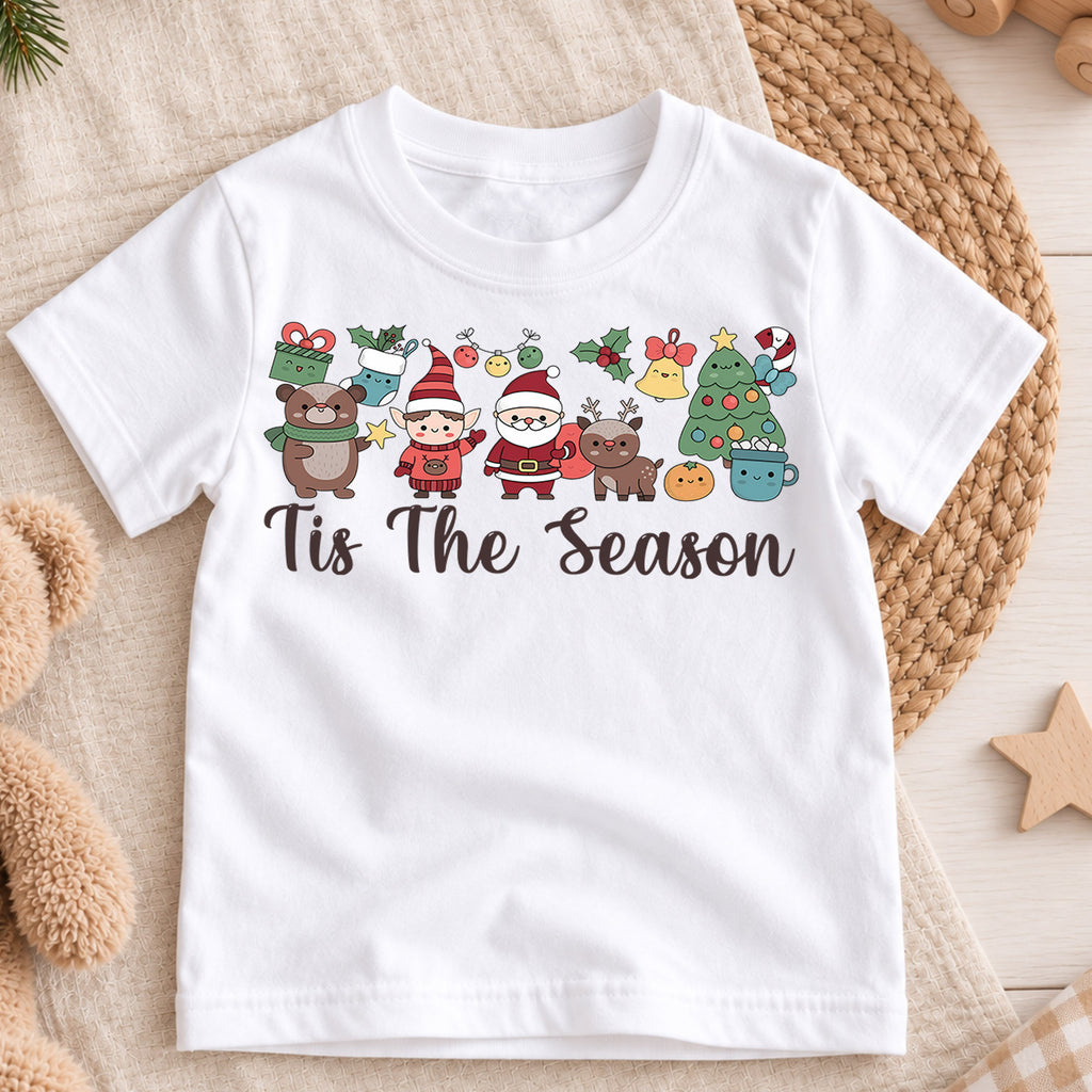 Tis The Season Christmas Shirt, Cute Holiday Characters Tee, Santa Elf Reindeer Kids Outfit, Festive Winter Top, Gift For Kids Kids Tee — product view 3