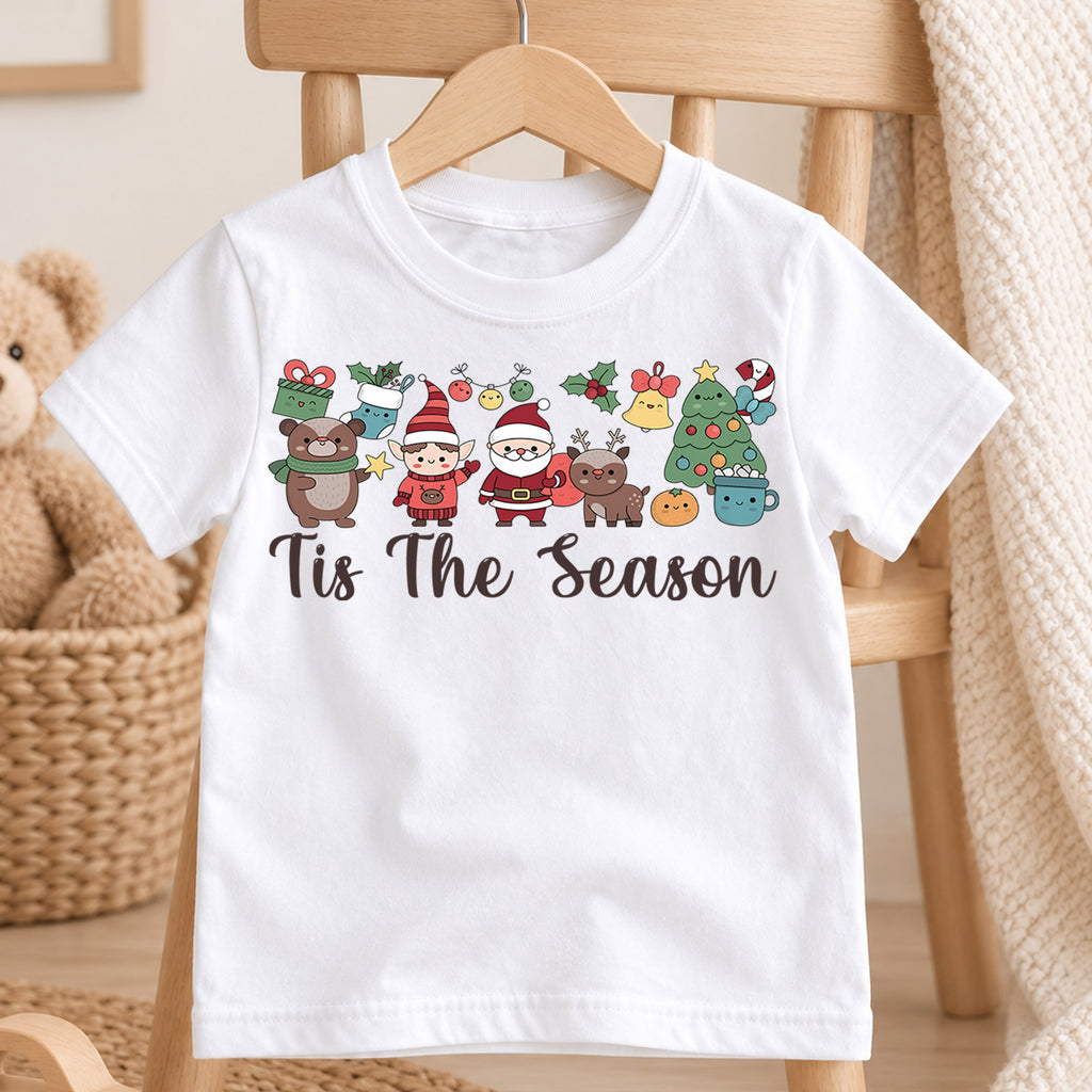 Tis The Season Christmas Shirt, Cute Holiday Characters Tee, Santa Elf Reindeer Kids Outfit, Festive Winter Top, Gift For Kids Kids Tee — product view 4