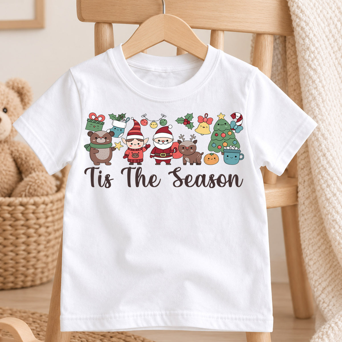 Tis The Season Christmas Shirt, Cute Holiday Characters Tee, Santa Elf Reindeer Kids Outfit, Festive Winter Top, Gift For Kids Kids Tee — product view 4
