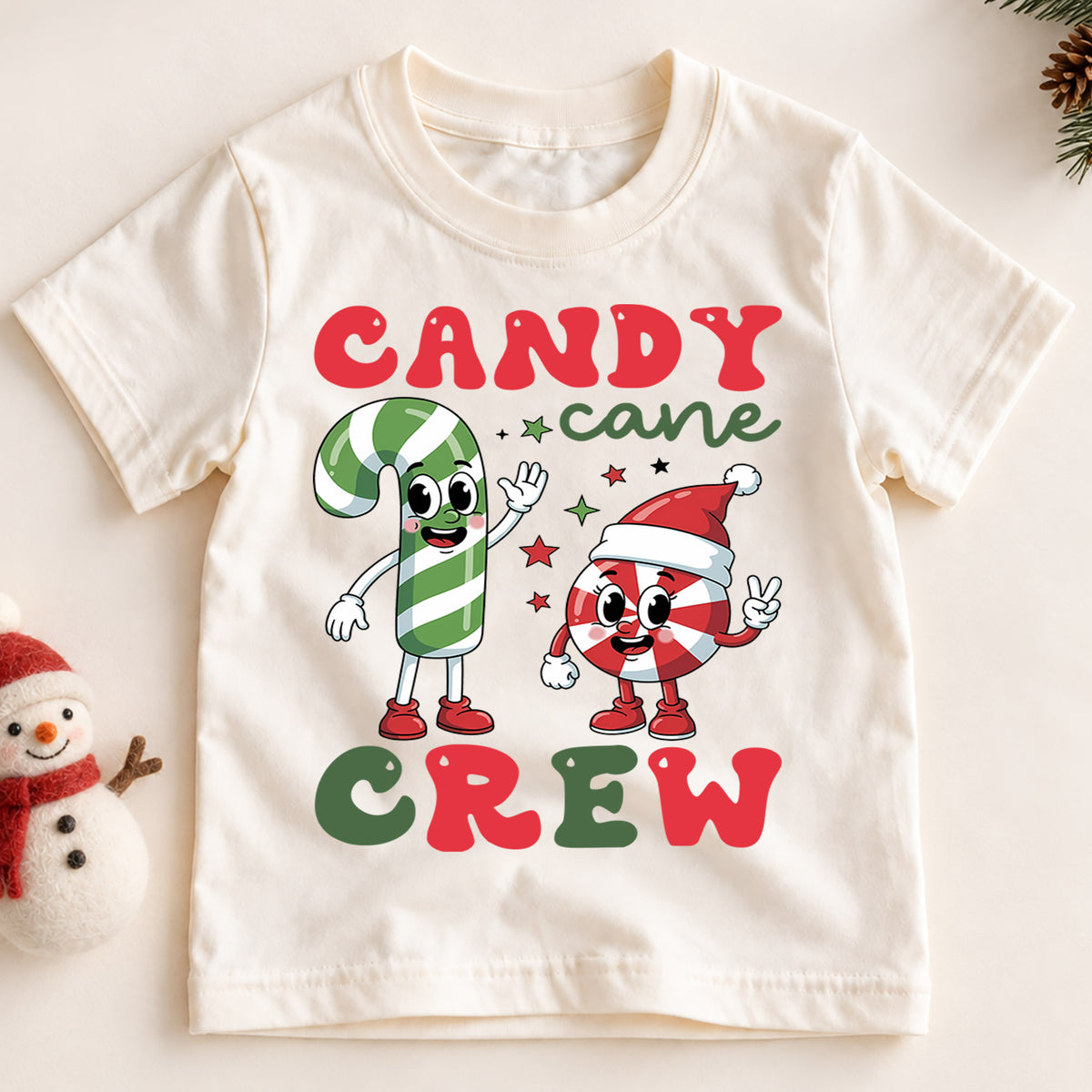 Candy Cane Crew Christmas Shirt, Groovy Holiday Kids Tee, Retro Xmas Party Outfit, Cute Winter Candy Top, Gift For Children Kids Tee — product view 2