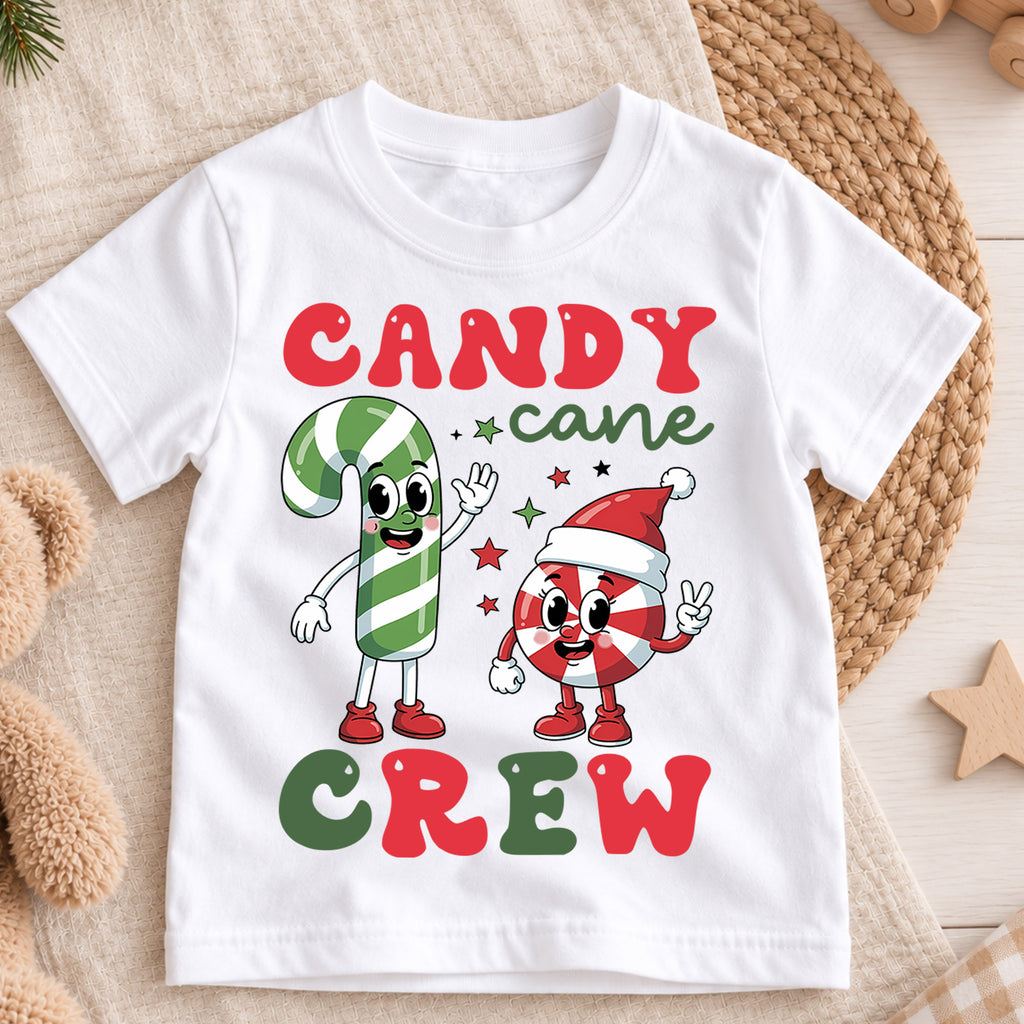 Candy Cane Crew Christmas Shirt, Groovy Holiday Kids Tee, Retro Xmas Party Outfit, Cute Winter Candy Top, Gift For Children Kids Tee — product view 3