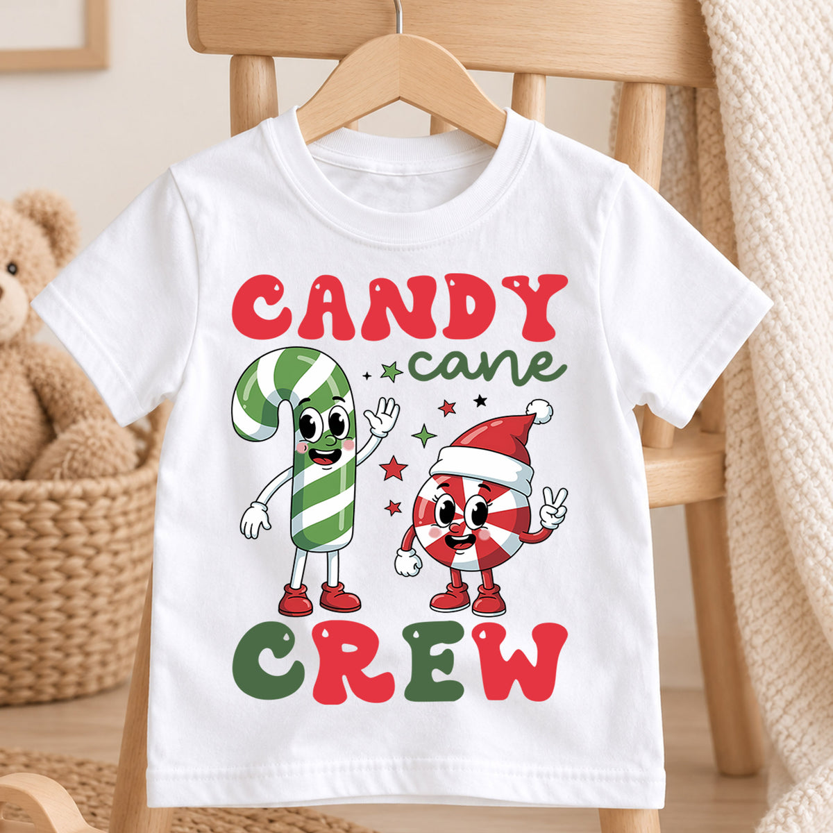 Candy Cane Crew Christmas Shirt, Groovy Holiday Kids Tee, Retro Xmas Party Outfit, Cute Winter Candy Top, Gift For Children Kids Tee — product view 4