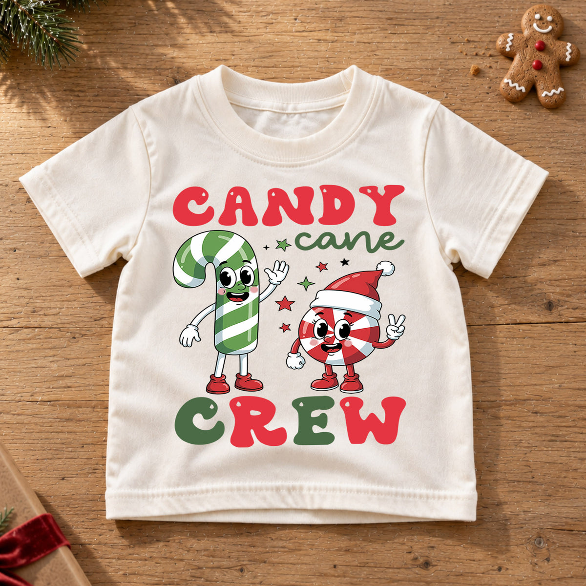 Candy Cane Crew Christmas Shirt, Groovy Holiday Kids Tee, Retro Xmas Party Outfit, Cute Winter Candy Top, Gift For Children Kids Tee — product view 6