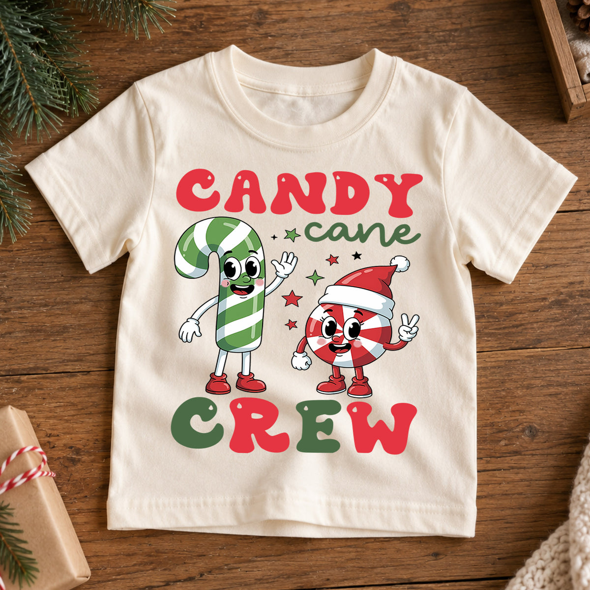 Candy Cane Crew Christmas Shirt, Groovy Holiday Kids Tee, Retro Xmas Party Outfit, Cute Winter Candy Top, Gift For Children Kids Tee — product view 7