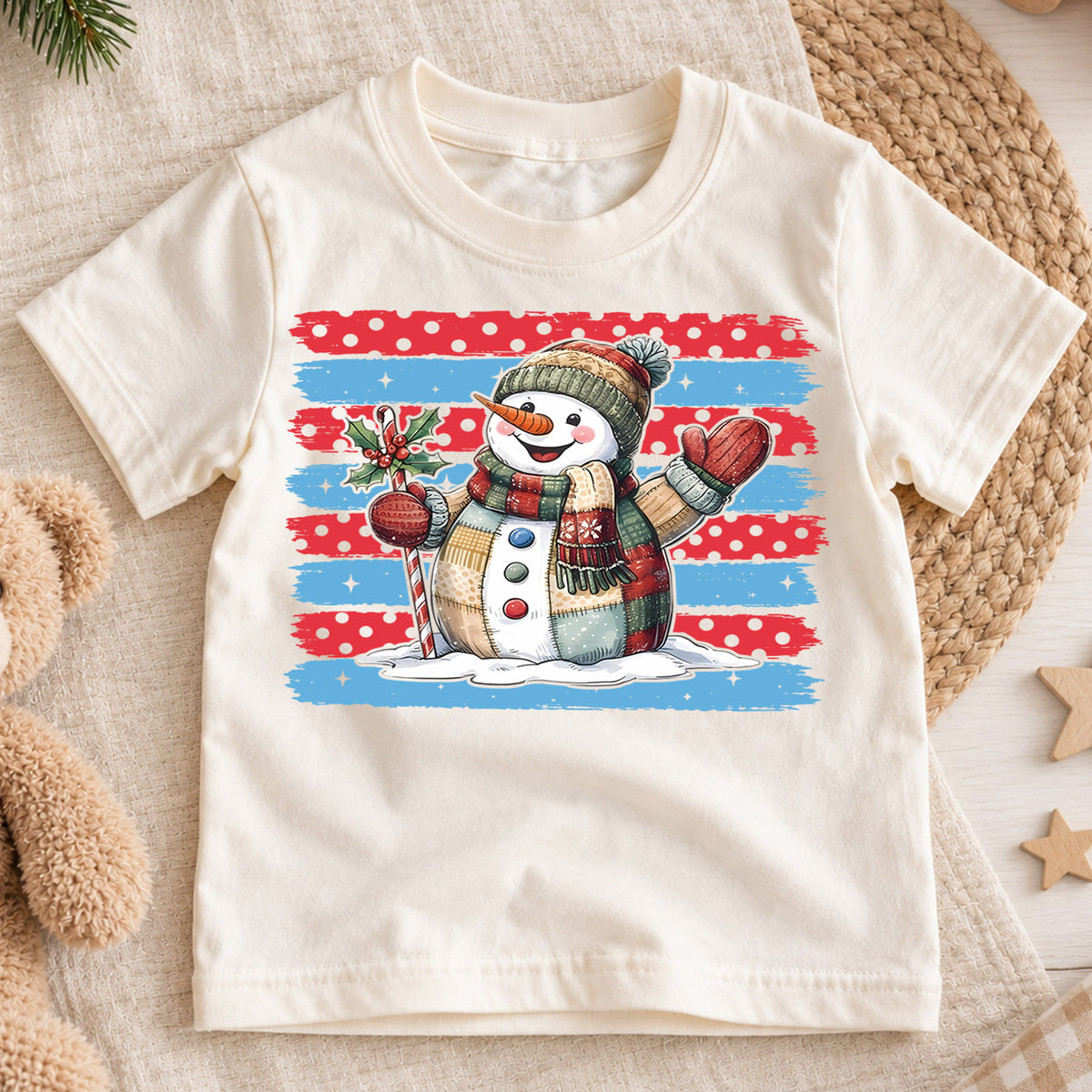 Vintage Snowman Christmas Shirt, Patriotic Brush Stroke Toddler Tee, Cute Winter Holiday Outfit, Xmas Kids Top, Gift Christmas Tee — product view 1