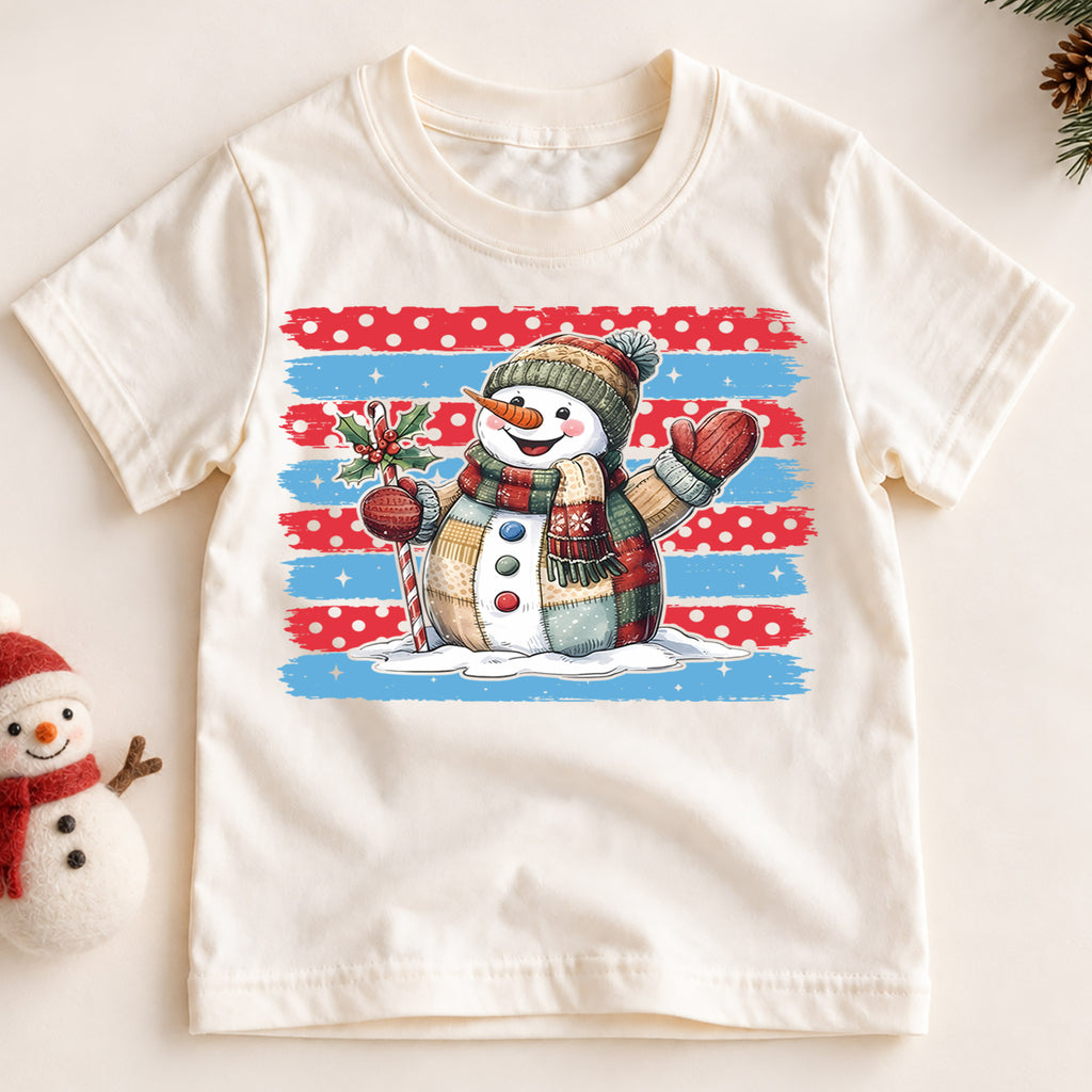 Vintage Snowman Christmas Shirt, Patriotic Brush Stroke Toddler Tee, Cute Winter Holiday Outfit, Xmas Kids Top, Gift Christmas Tee — product view 2