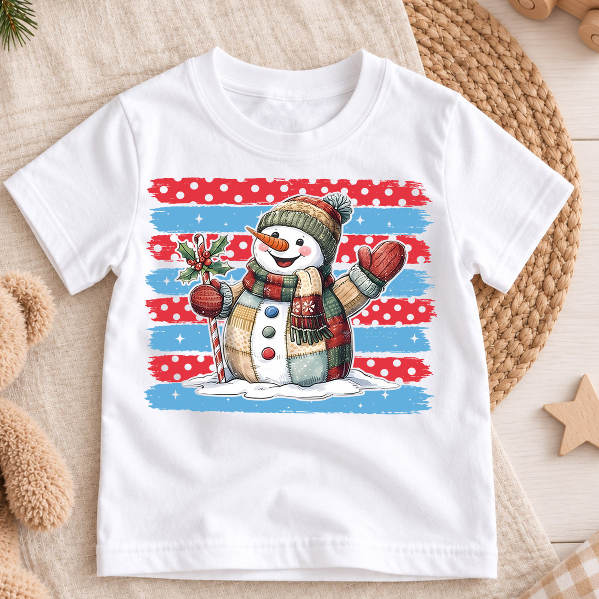 Vintage Snowman Christmas Shirt, Patriotic Brush Stroke Toddler Tee, Cute Winter Holiday Outfit, Xmas Kids Top, Gift Christmas Tee — product view 3