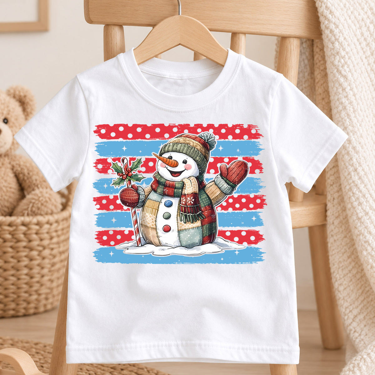Vintage Snowman Christmas Shirt, Patriotic Brush Stroke Toddler Tee, Cute Winter Holiday Outfit, Xmas Kids Top, Gift Christmas Tee — product view 4
